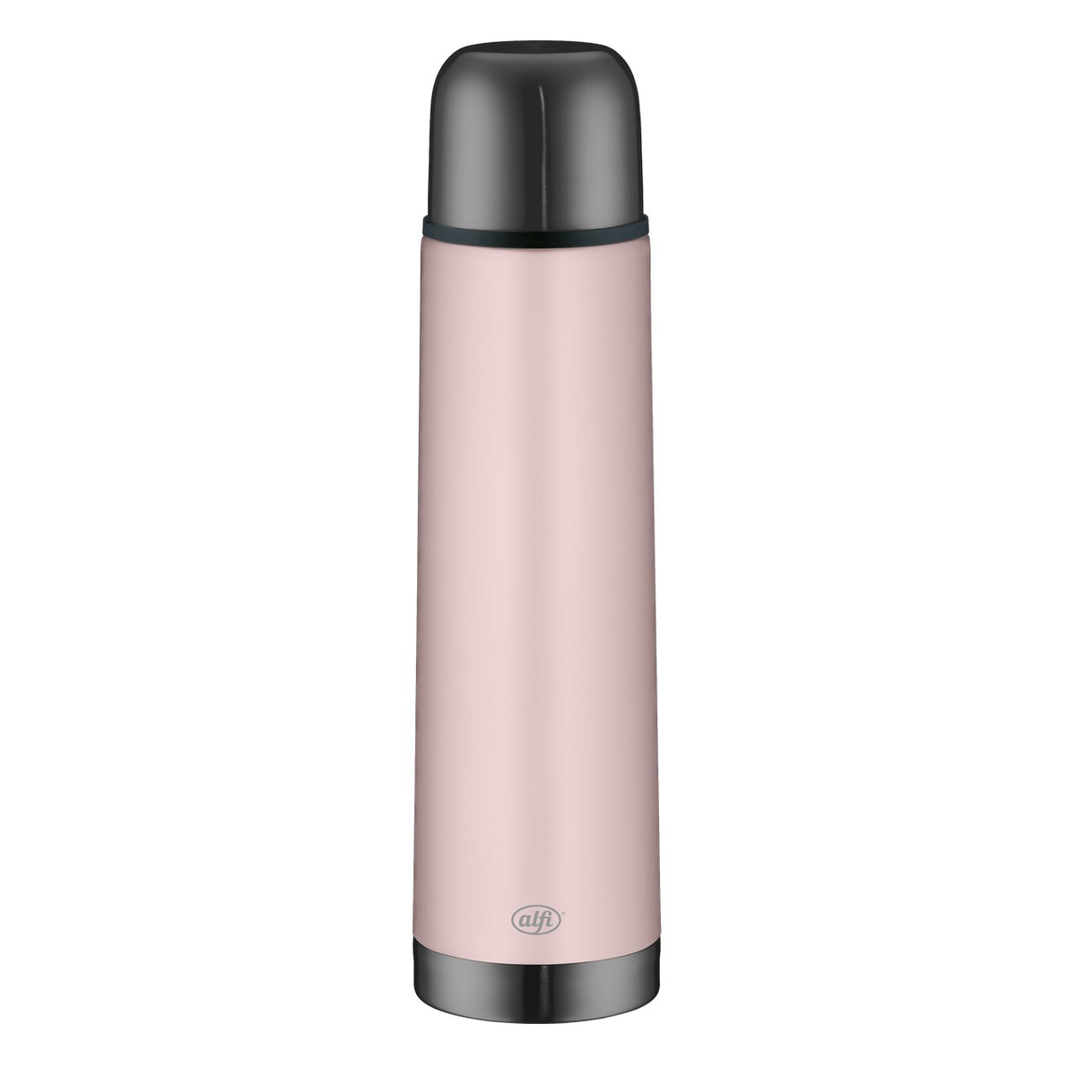 Das Bild zeigt eine rosafarbene Thermosflasche mit einem dunklen Deckel. Sie ist schlank, zylindrisch geformt und steht aufrecht auf einem weißen Hintergrund.