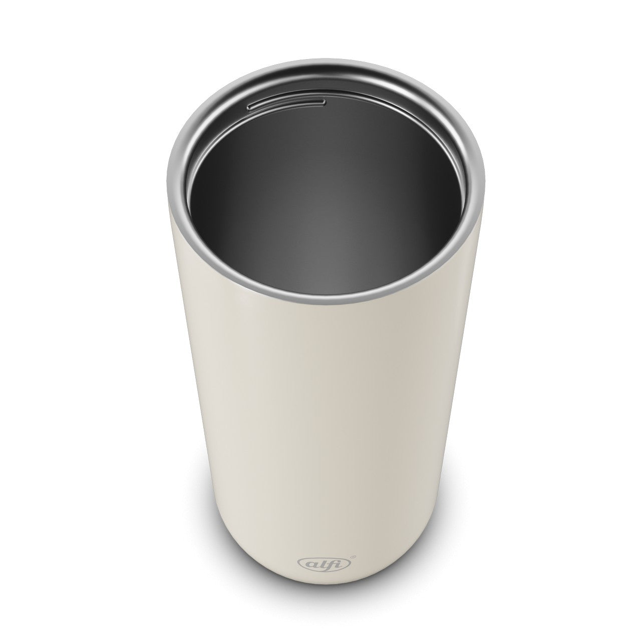 Das Bild zeigt einen zylindrischen, beigen Thermobecher mit einem Edelstahlrand. Der Becher hat eine glatte, schlichte Oberfläche und das Logo "alfi" ist am unteren Rand sichtbar.