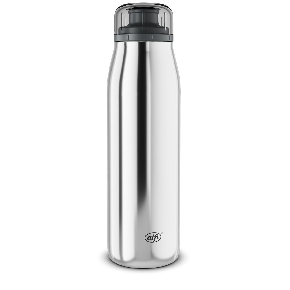 Das Bild zeigt eine glänzende Edelstahlflasche mit einem dunklen, durchsichtigen Deckel. Die Flasche hat ein schlankes, modernes Design und trägt am unteren Rand das Logo "alfi".