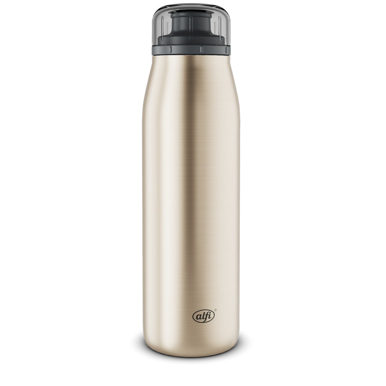 Das Bild zeigt eine silberne Thermosflasche mit einem schwarzen Deckel. Die Flasche hat eine schlanke, zylinderförmige Form und wirkt glänzend und glatt.