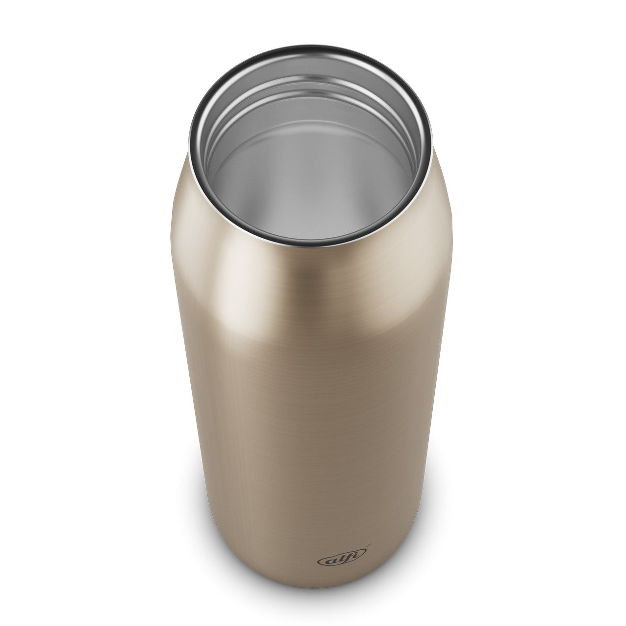 Das Bild zeigt eine glänzende, zylinderförmige Thermoskanne in Metalloptik. Der Deckel ist transparent und lässt eine Art Sieb oder Filter erkennen. Die Kanne hat ein schlichtes, modernes Design.