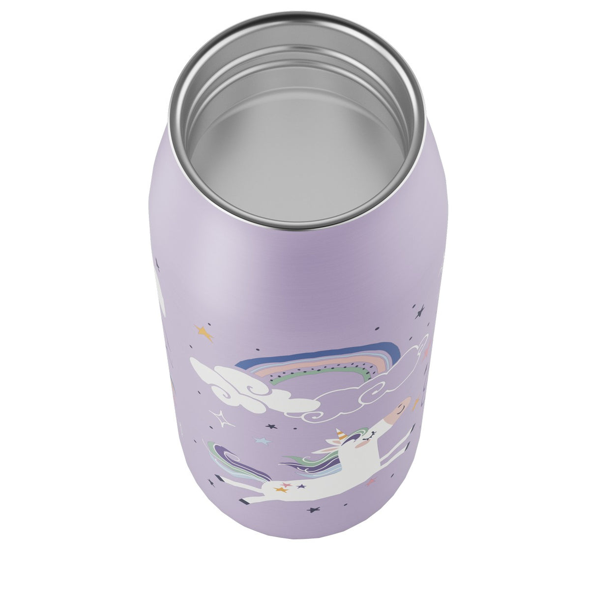 Auf dem Bild ist eine violette Getränkedose mit einem Regenbogen und einem Einhorn abgebildet. Das Einhorn fliegt zwischen Wolken und Sternen.