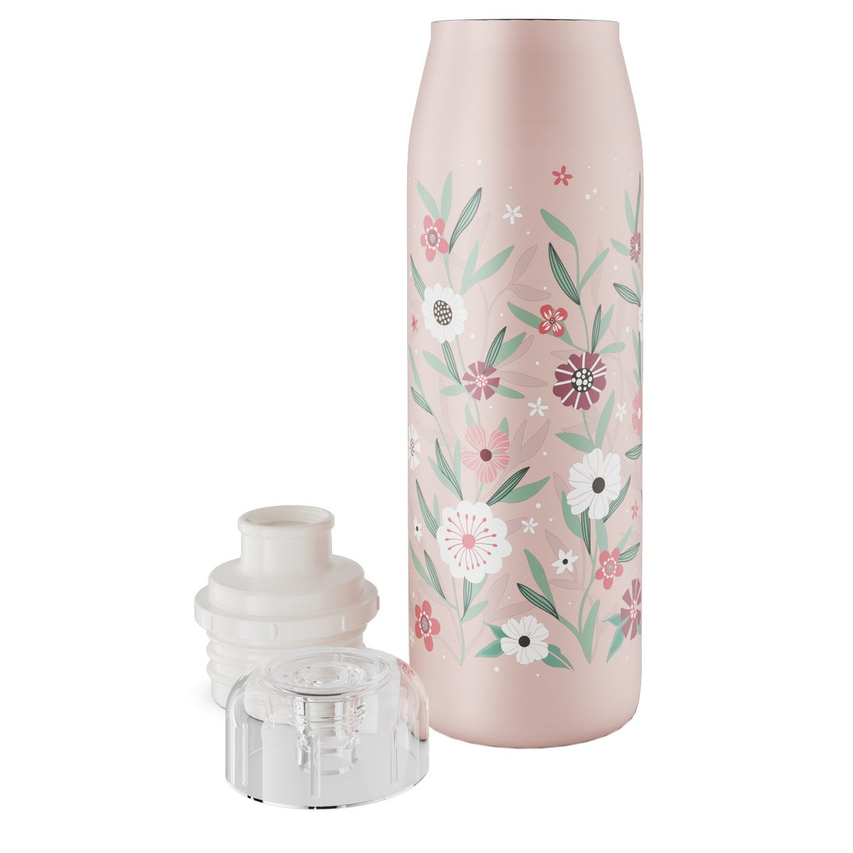 Es handelt sich um eine rosafarbene Trinkflasche, die mit einem floralen Muster aus weißen, rosa und roten Blumen sowie grünen Blättern verziert ist. Der Deckel ist durchsichtig und sitzt fest auf der Flasche.