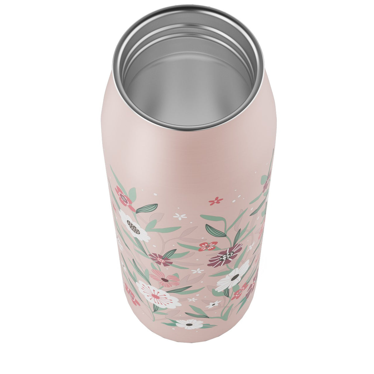Das Bild zeigt eine rosafarbene, wiederverwendbare Metalltrinkflasche mit floralen Mustern in verschiedenen Grüntönen und weißen sowie roten Blüten. Die Flasche hat einen offenen Deckel und wirkt elegant gestaltet.