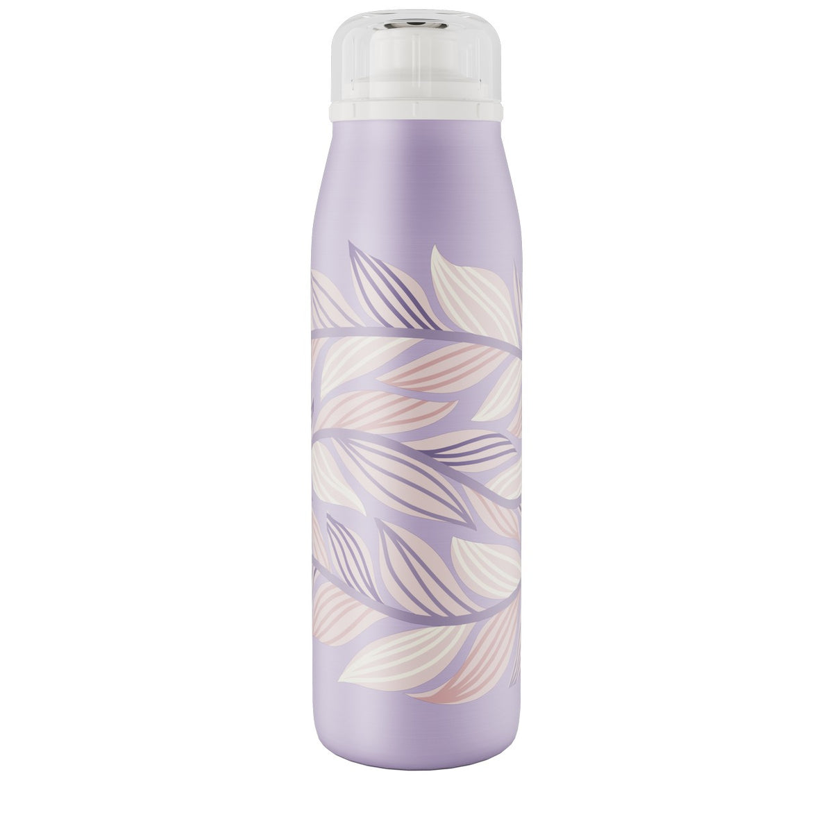 Das Bild zeigt eine lilafarbene Thermosflasche mit einem blattförmigen Muster in hellen Pastelltönen. Der Verschluss ist weiß und durchsichtig.