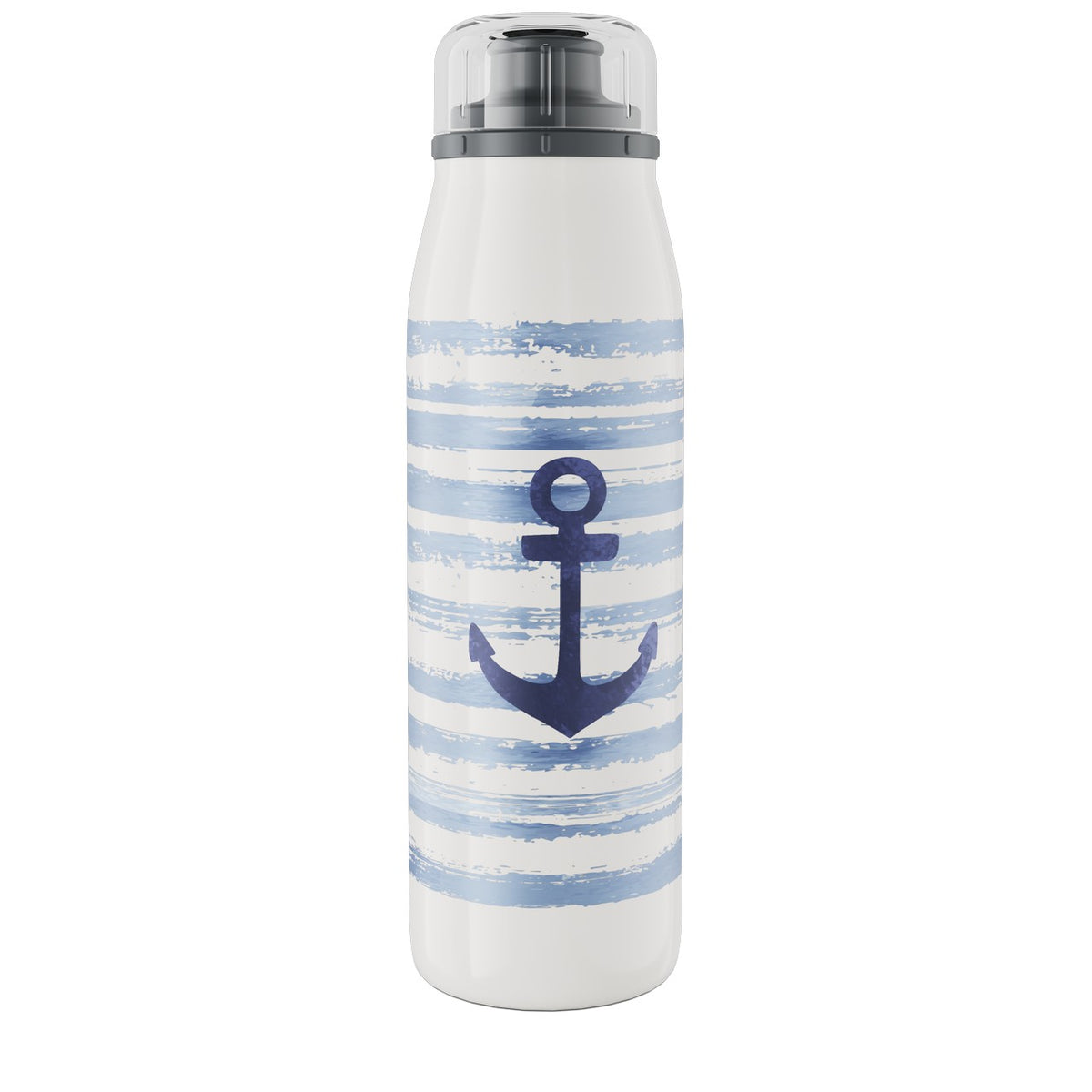 Eine Trinkflasche mit einem hellblauen und weißen Streifenmuster, in dessen Mitte ein dunkelblauer Anker aufgedruckt ist. Der Deckel ist grau und wirkt transparent.