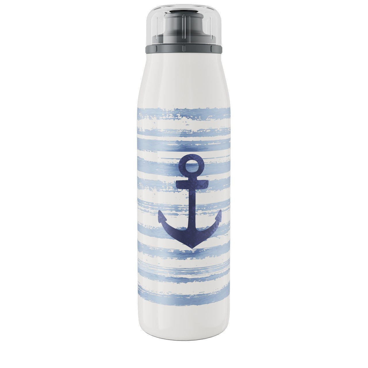 Eine Trinkflasche mit einem hellblauen und weißen Streifenmuster, in dessen Mitte ein dunkelblauer Anker aufgedruckt ist. Der Deckel ist grau und wirkt transparent.