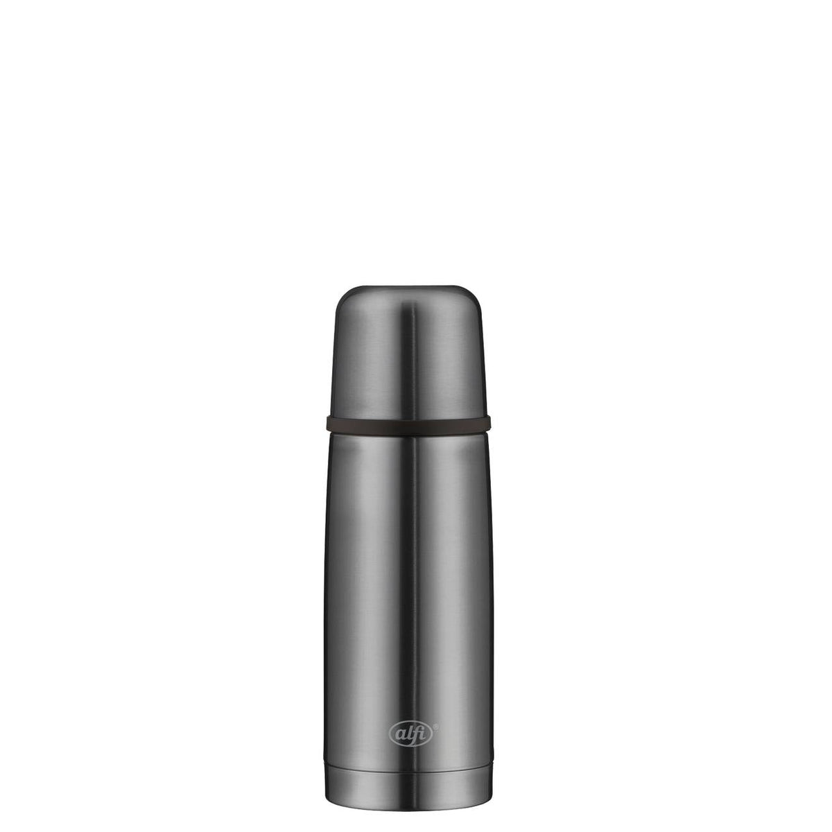 Das Bild zeigt eine silberne Thermoskanne mit einem Edelstahl-Finish. Die Kanne ist zylindrisch und wirkt robust mit einem glatten, reflektierenden Äußeren. Oben ist der Deckel, der gleichzeitig als Trinkbecher dient.