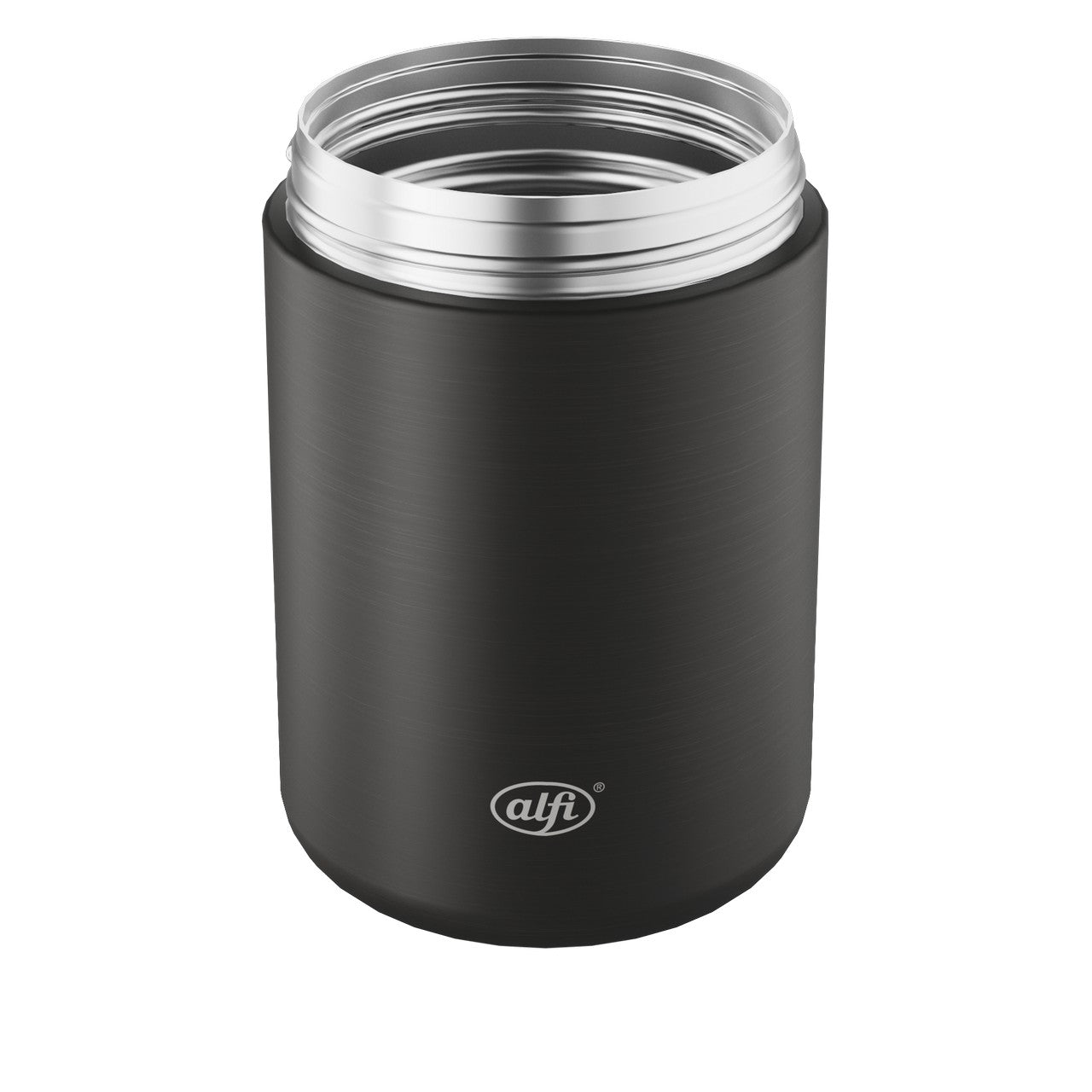 Auf dem Bild ist ein schwarzer, zylinderförmiger Thermobecher zu sehen. Der Becher hat einen offenen, metallischen Rand oben und trägt ein kleines Logo mit der Aufschrift "alfi".