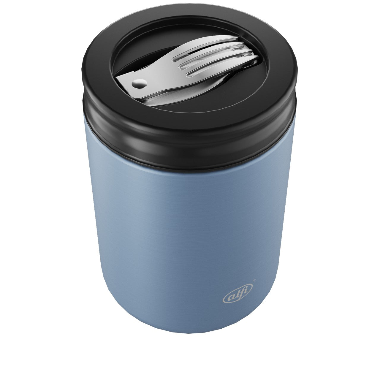 Es ist ein zylindrischer, blauer Behälter mit einem schwarzen Deckel, auf dem eine Gabel liegt. Der Behälter wirkt modern und ist vermutlich aus Metall oder Plastik gefertigt.
