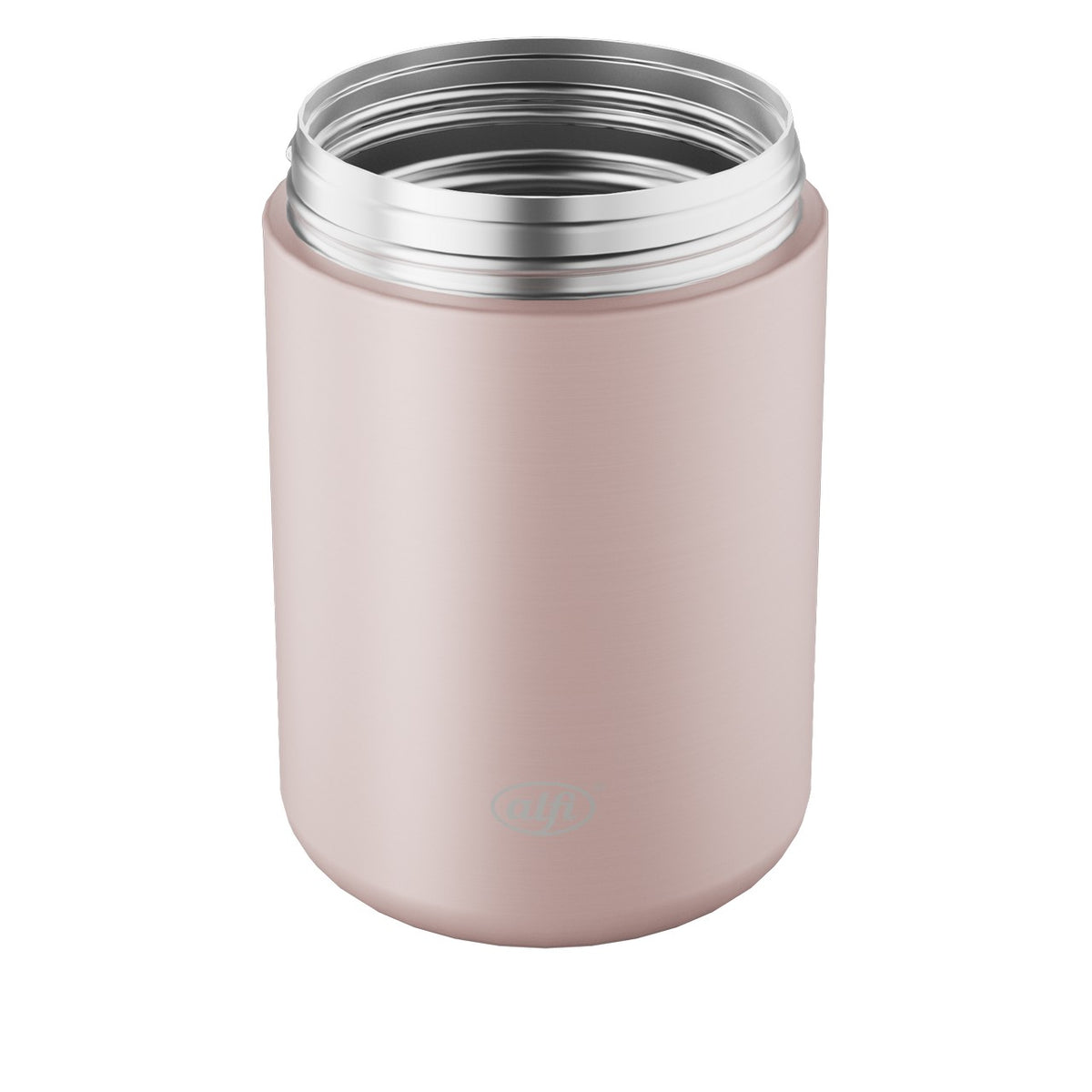 Das Bild zeigt einen zylindrischen Thermobehälter in einer hellen, pastellrosa Farbe mit einem silbernen, metallischen Rand am offenen oberen Ende. Der Behälter steht aufrecht, und das Material wirkt glatt und glänzend.