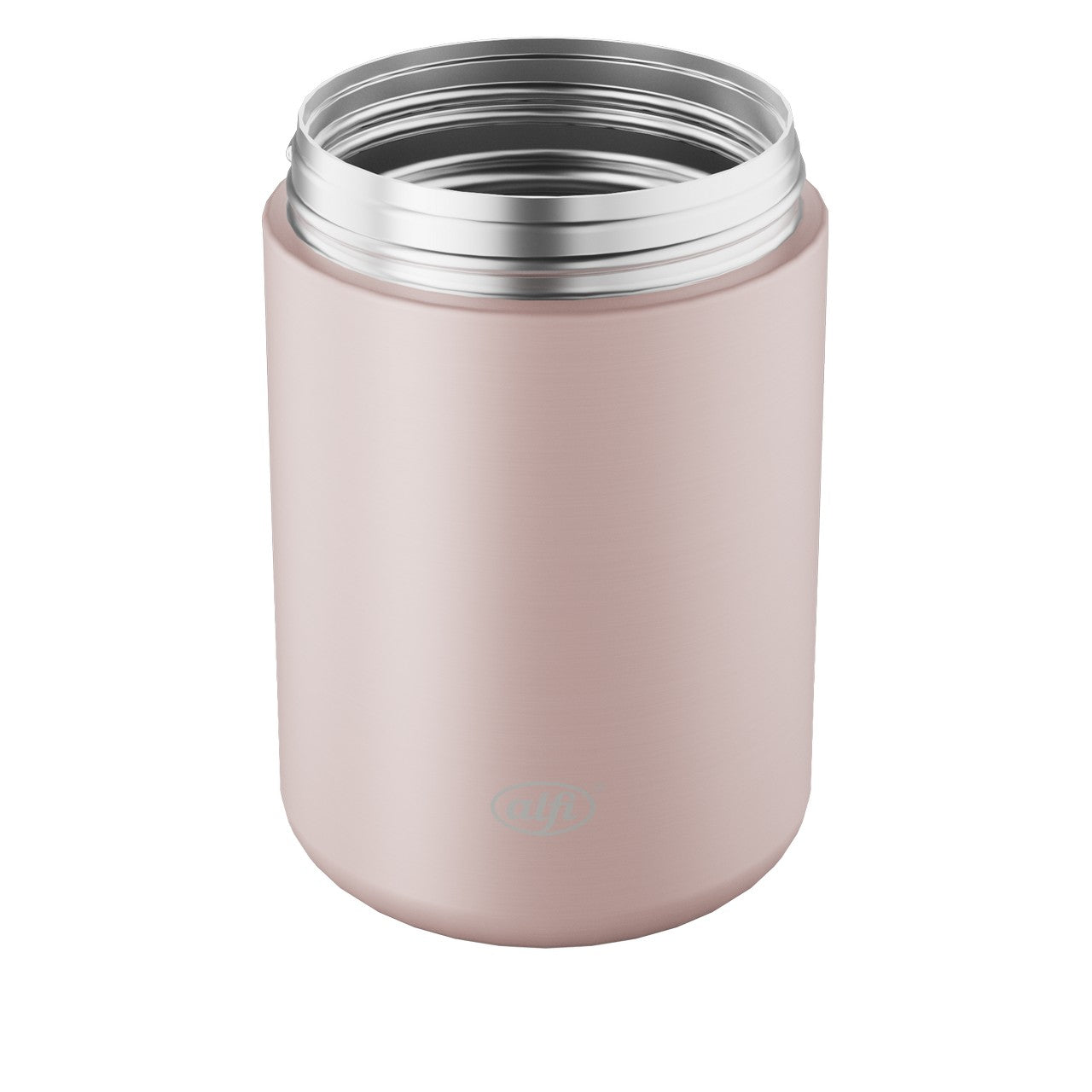 Das Bild zeigt einen zylindrischen Thermobehälter in einer hellen, pastellrosa Farbe mit einem silbernen, metallischen Rand am offenen oberen Ende. Der Behälter steht aufrecht, und das Material wirkt glatt und glänzend.
