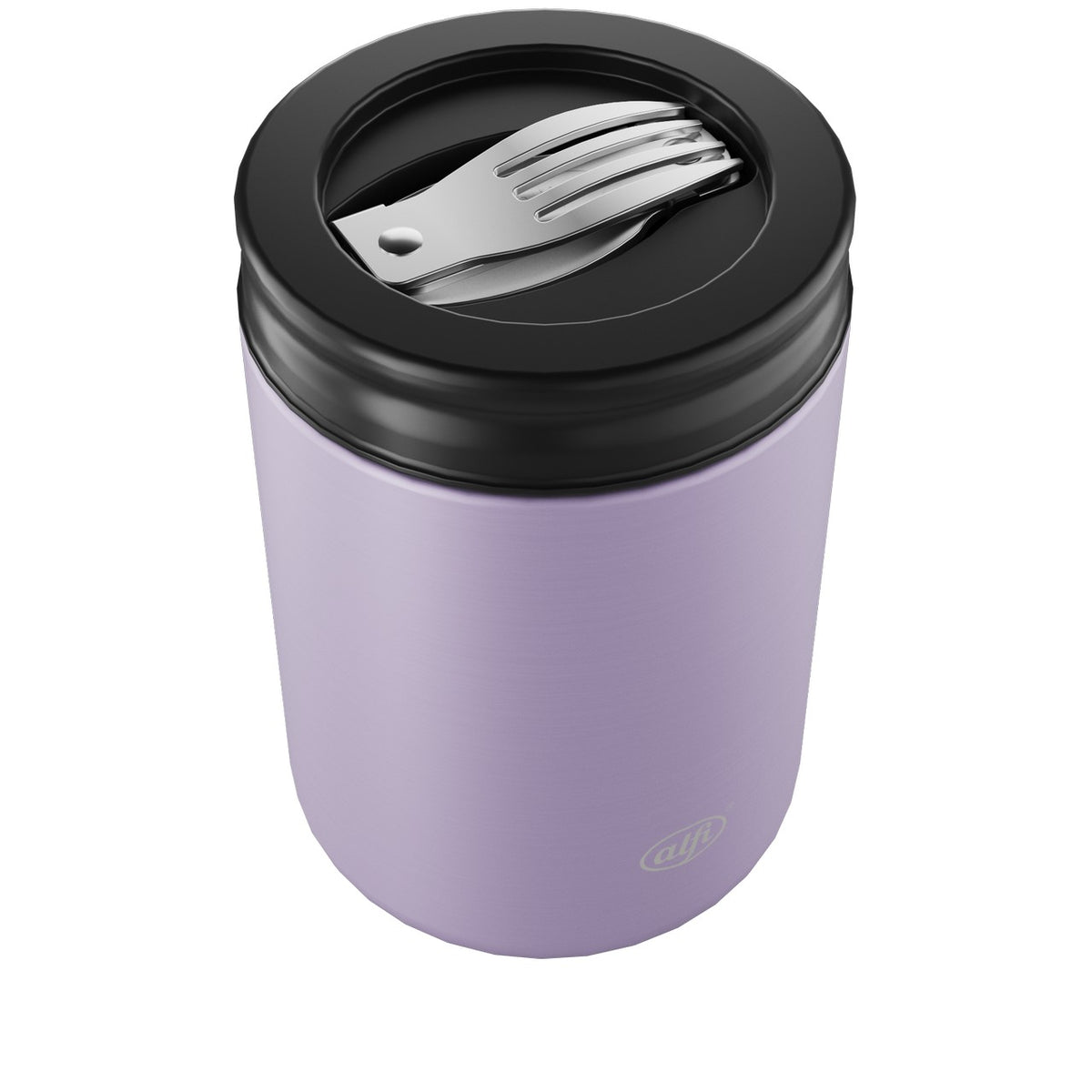 Auf dem Bild ist ein lilafarbener Thermobehälter mit einem schwarzen Deckel und eingebautem faltbarem Besteck. Das Besteck besteht aus einer Gabel und einem Löffel. Das moderne Design zeigt das Logo "alfi".
