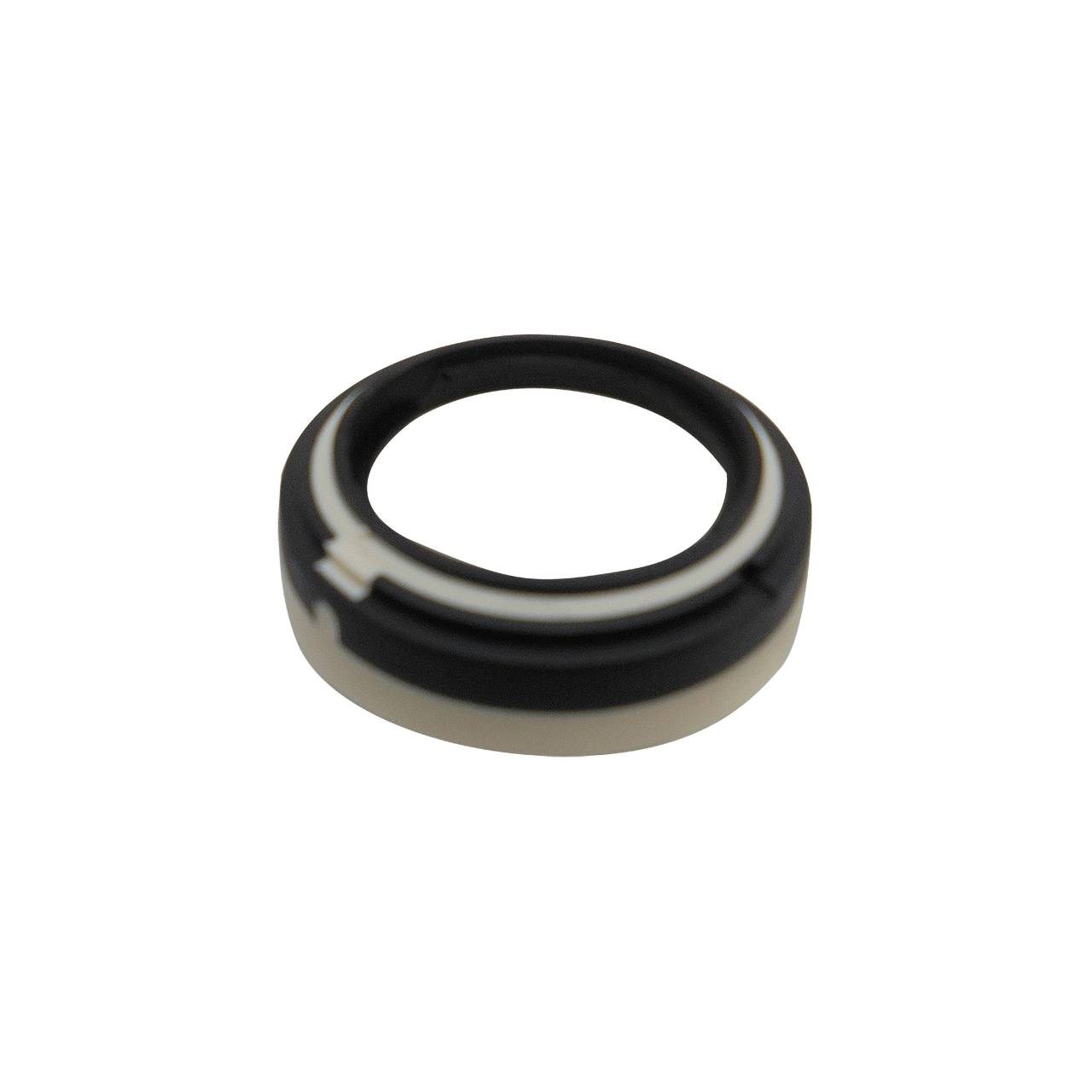 Das Bild zeigt einen kleinen, runden Ring in Schwarz und Weiß mit glatter Oberfläche. Er könnte aus Kunststoff bestehen und sieht wie ein Teil eines mechanischen Geräts aus.