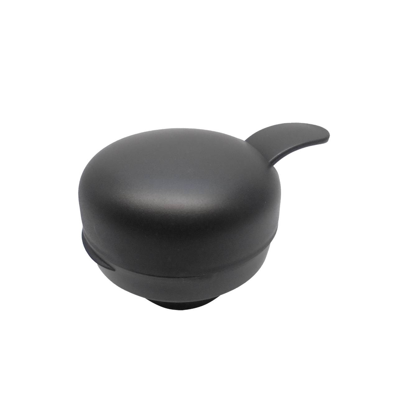 Das Bild zeigt eine schwarze Fahrradklingel mit einer glatten, runden Oberfläche und einem kurzen Hebel. Sie hat ein einfaches, minimalistisches Design.