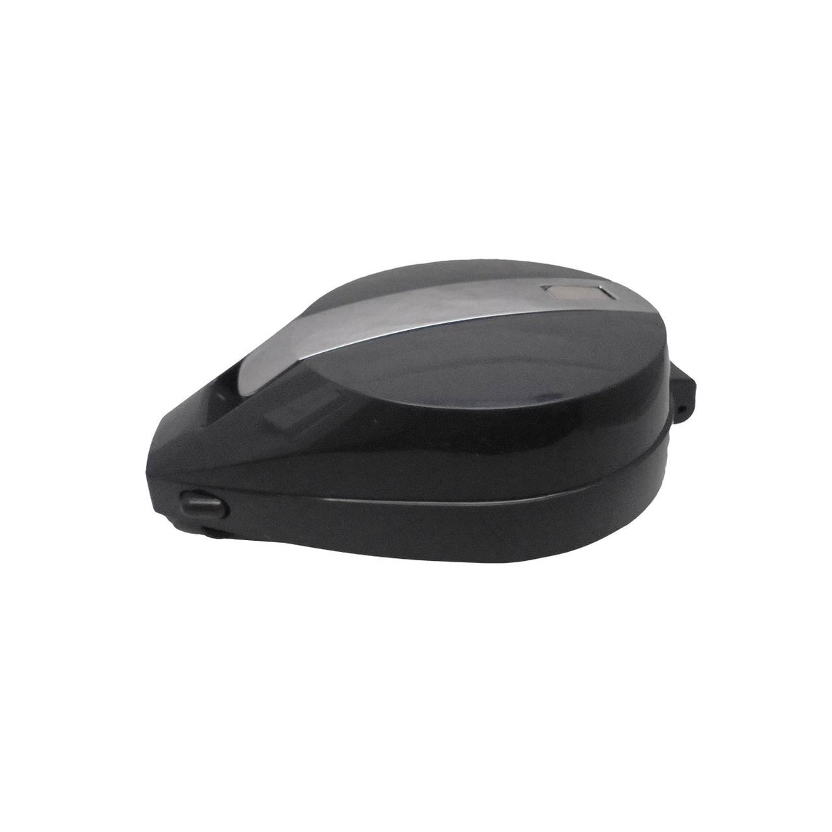 Auf dem Bild ist ein schwarzes, tropfenförmiges Gerät zu sehen, das einem Fahrradhelm ähnelt. Es hat eine glatte Oberfläche mit einem grauen Streifen auf der Oberseite. Es wirkt kompakt und modern im Design.