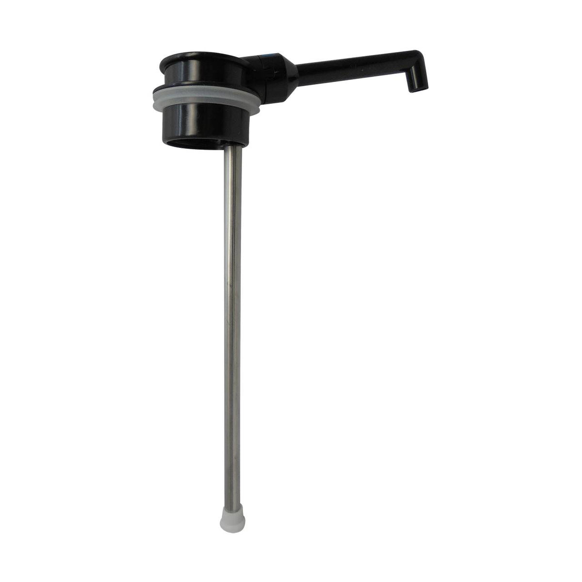 Das Bild zeigt eine schwarze Pumpe mit einem langen, schmalen Metallrohr und einem abgewinkelten Auslauf. Die Pumpe hat einen breiten Kragen mit einer grauen Dichtung. Sie wird häufig als Dosierpumpe für Flüssigkeiten verwendet.