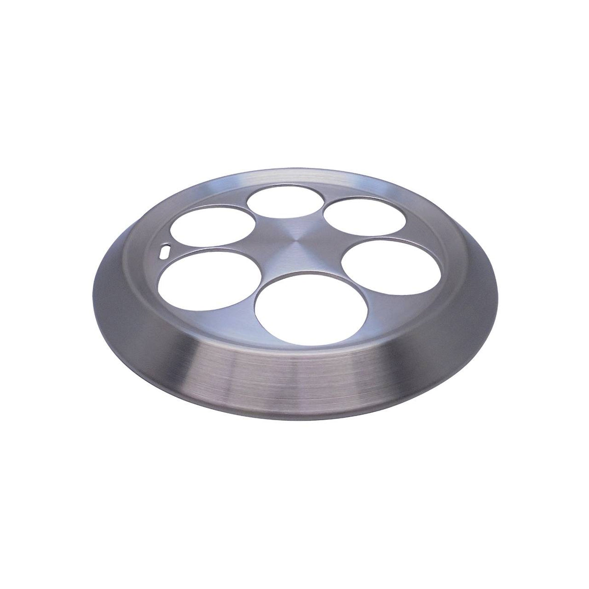 Das Bild zeigt eine runde, silberne Metallabdeckung mit fünf großen runden Löchern. Die Oberfläche hat ein mattes Finish mit einem leicht erhöhten Rand. Es scheint ein industrielles oder technisches Bauteil zu sein.