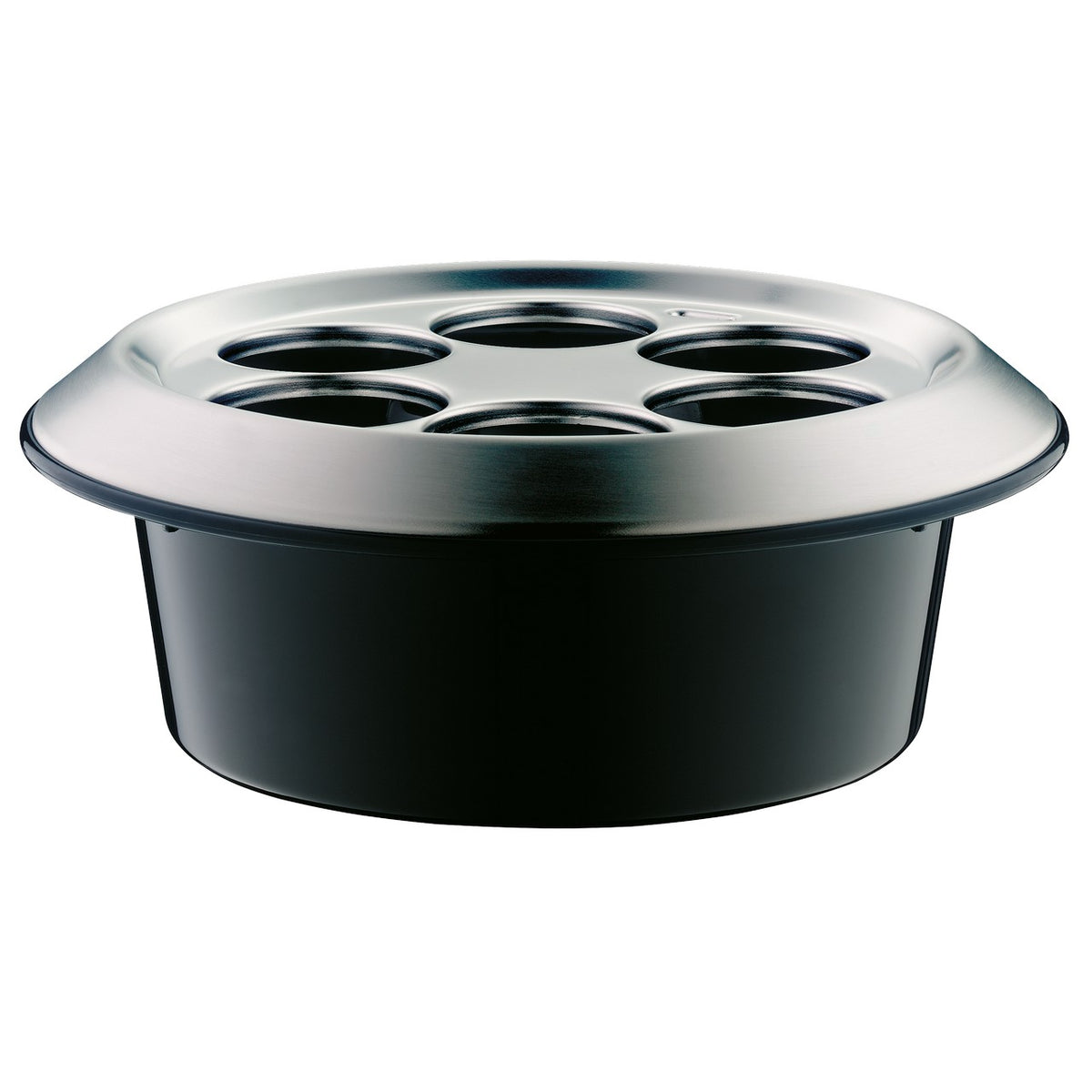 Das Bild zeigt eine runde, schwarze Backform mit einem silbernen Deckel, der sechs runde Aussparungen hat. Die Form sieht robust aus und scheint zum Backen von Muffins oder ähnlichem Gebäck geeignet zu sein.