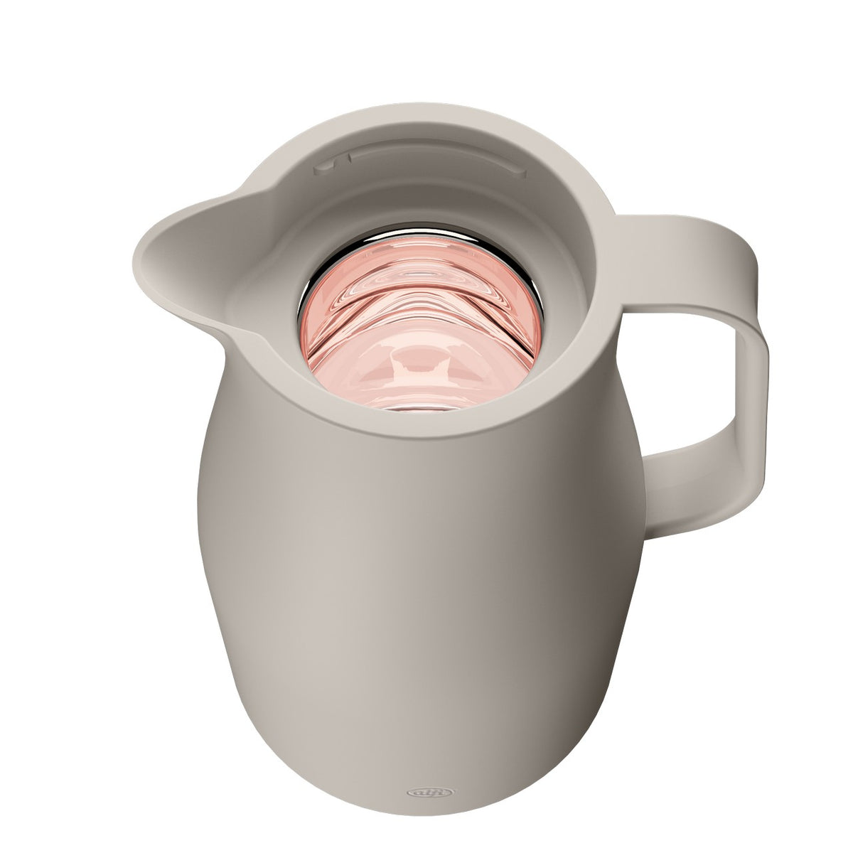 Das Bild zeigt eine beige, moderne Thermoskanne mit einem einfachen Griff und einer leicht geöffneten, rosa Innenseite. Die Kanne hat ein minimalistisches Design mit einer weiten Öffnung oben.