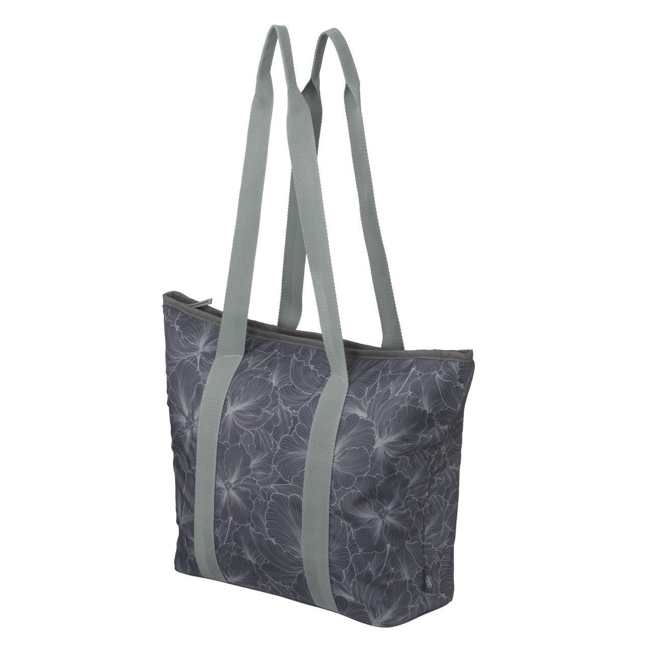 Das Bild zeigt eine große, rechteckige Tasche mit langen, graugrünen Trägern. Sie ist dunkelgrau mit einem floralen Muster, das durch helle Linien gezeichnet ist.