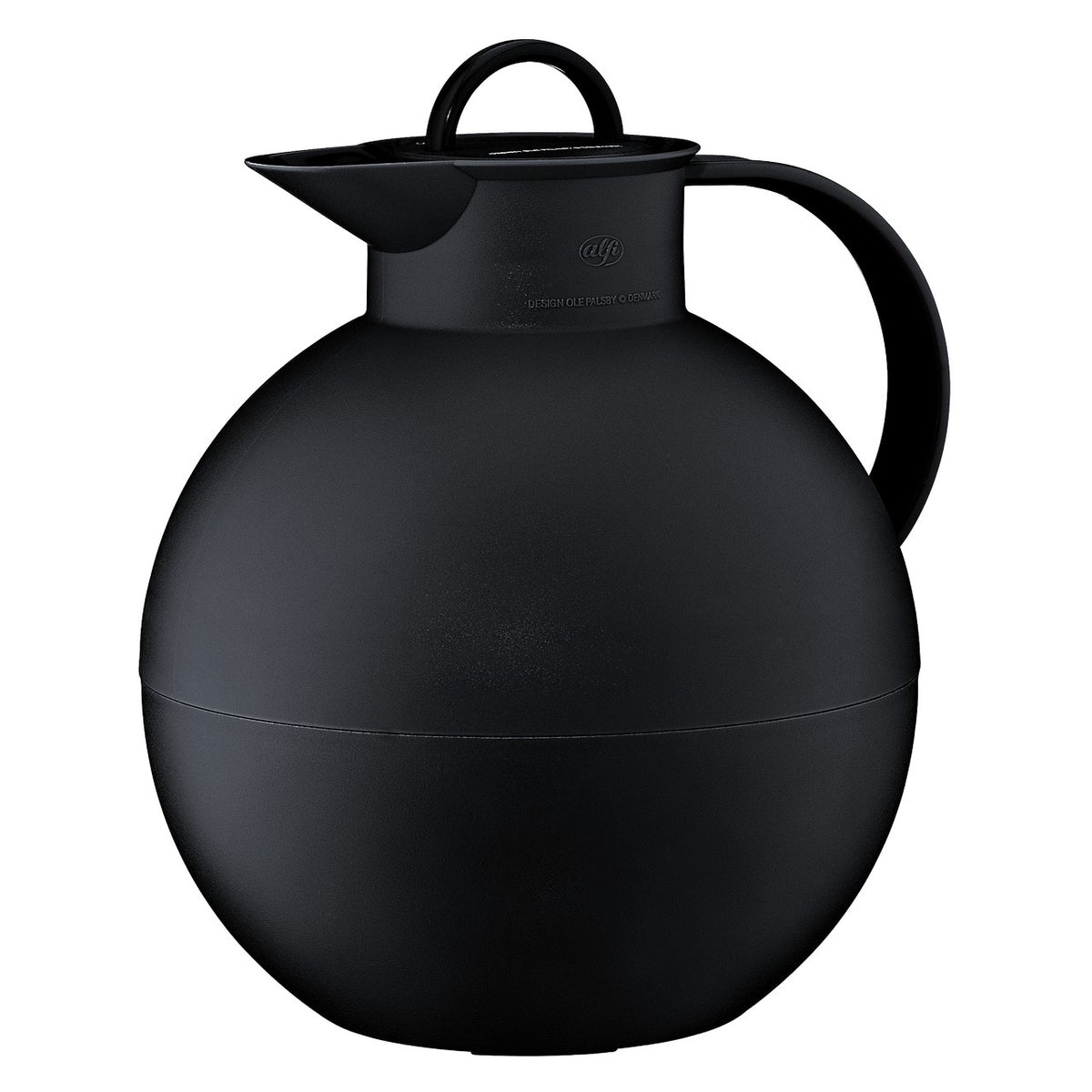 Das Bild zeigt eine schwarze, kugelförmige Thermoskanne mit einem abgerundeten Griff und einem kleinen, gebogenen Ausgießer. Die Oberfläche wirkt matt und modern gestaltet.