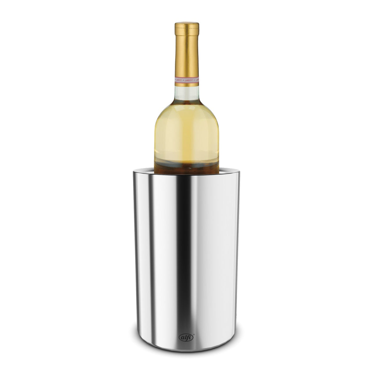 Das Bild zeigt einen Weinkühler aus glänzendem Metall, in dem eine Weinflasche steckt. Die Flasche hat einen sichtbaren Holz-Korken. Der Kühler reflektiert das Licht und verleiht dem Bild einen eleganten Charakter.
