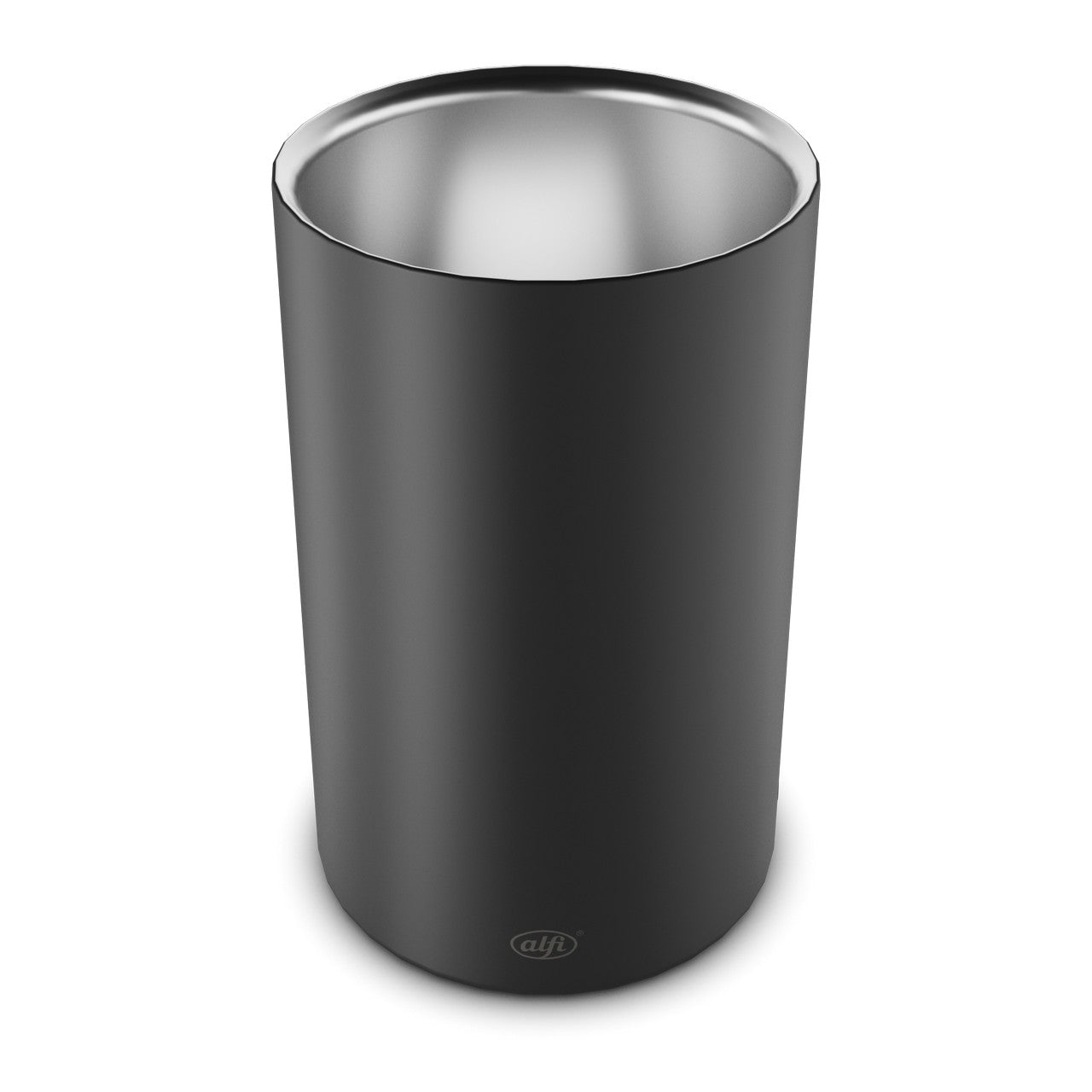 Das Bild zeigt einen metallischen, schwarzen, zylindrischen Mülleimer mit einem offenen oberen Rand. Der Mülleimer hat ein schlichtes, modernes Design.