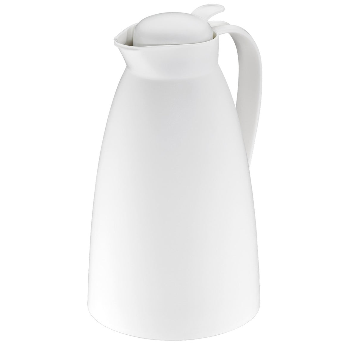 Das Bild zeigt eine weiße Thermoskanne mit einem schlichten, modernen Design. Sie hat einen Henkel und einen Deckel, der den Ausgießer verdeckt. Die Oberfläche ist glatt und die Form ist elegant und leicht bauchig.