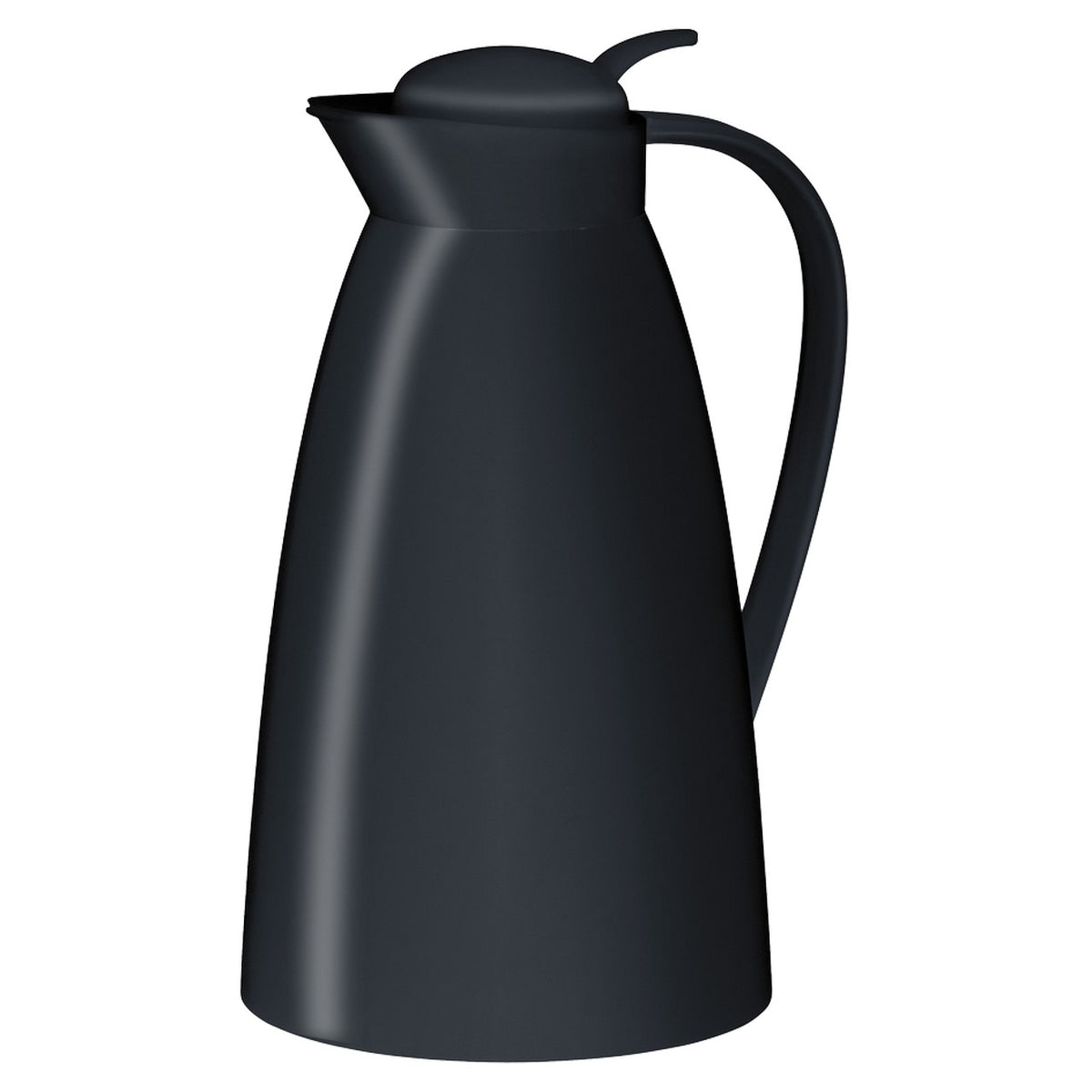 Das Bild zeigt eine schwarze Thermoskanne mit einem eleganten, schlichten Design. Sie hat einen geschwungenen Griff und einen Deckel, der bündig mit dem Körper der Kanne abschließt.