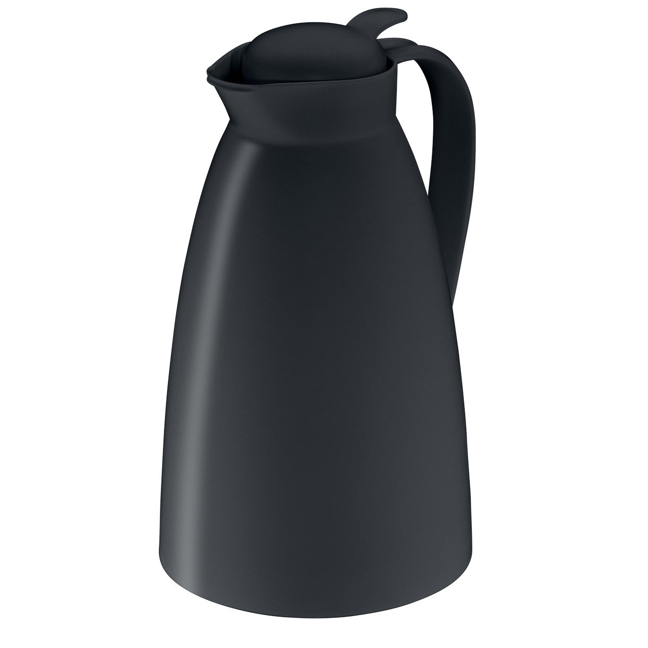 Das Bild zeigt eine schwarze Thermoskanne von oben, mit einem runden Deckel und einem gebogenen Griff an der Seite. Der schlichte, matte Look vermittelt ein modernes Design.