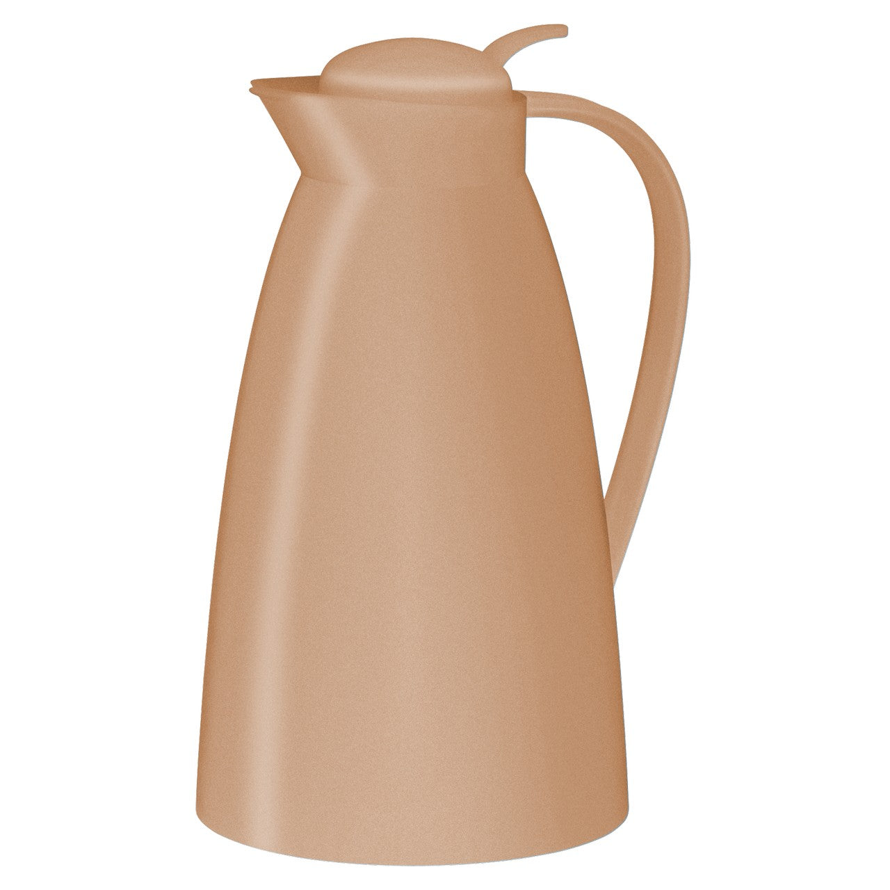 Es handelt sich um eine beigefarbene Thermoskanne mit einem schlichten, modernen Design. Die Kanne hat einen Henkel und einen Deckel mit einer kleinen Ausgießtülle.
