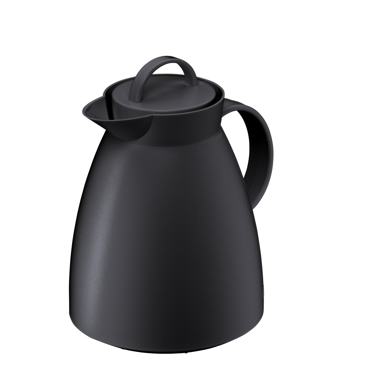 Das Bild zeigt eine schwarze Thermoskanne mit einem bauchigen Design. Die Kanne hat einen Deckel mit einem Griff oben und einen seitlichen Henkel zum Ausgießen. Sie wirkt schlicht und modern.