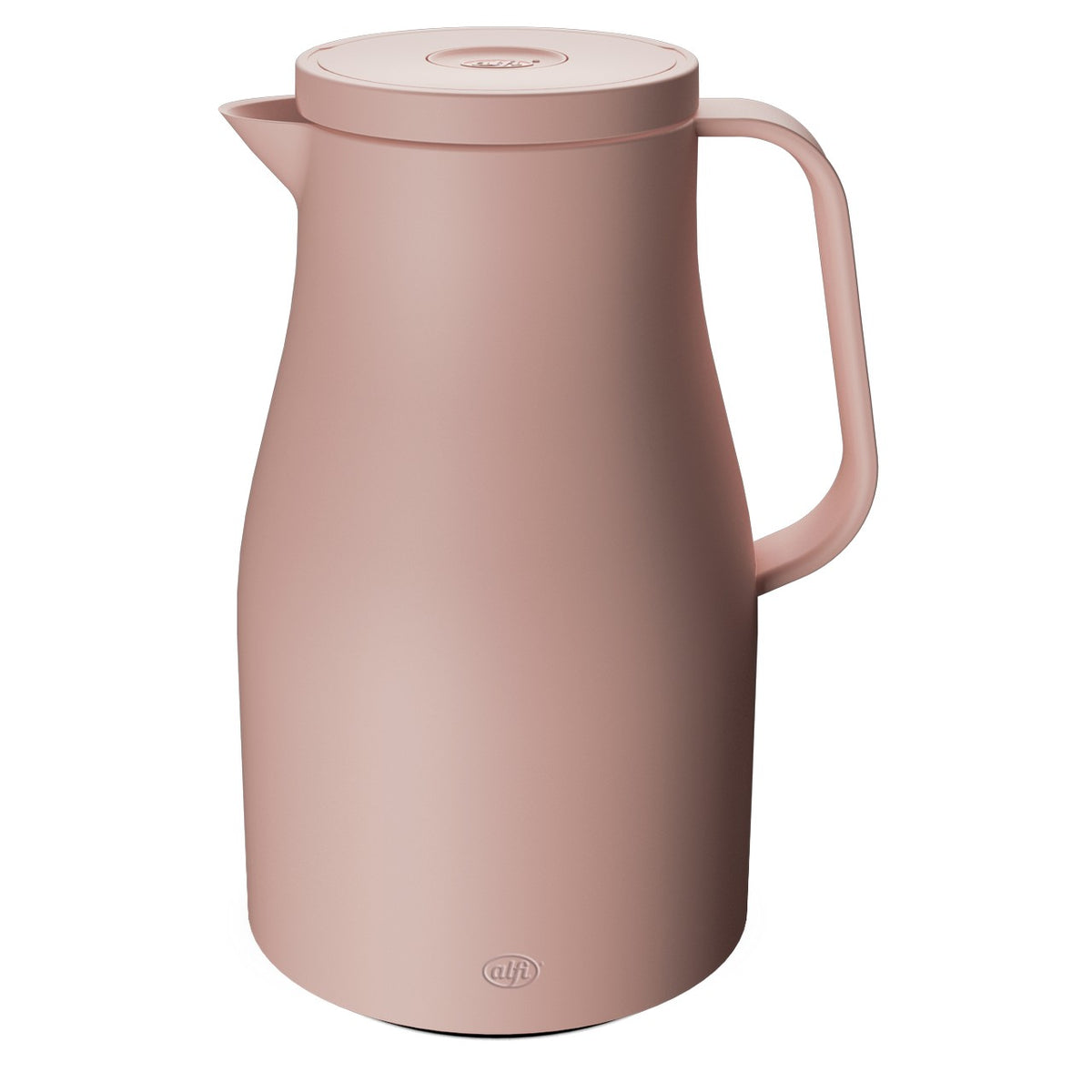 Auf dem Bild ist eine rosafarbene Thermoskanne mit einem schlichten, modernen Design zu sehen. Die Kanne hat einen Henkel auf der rechten Seite und einen Deckel oben.