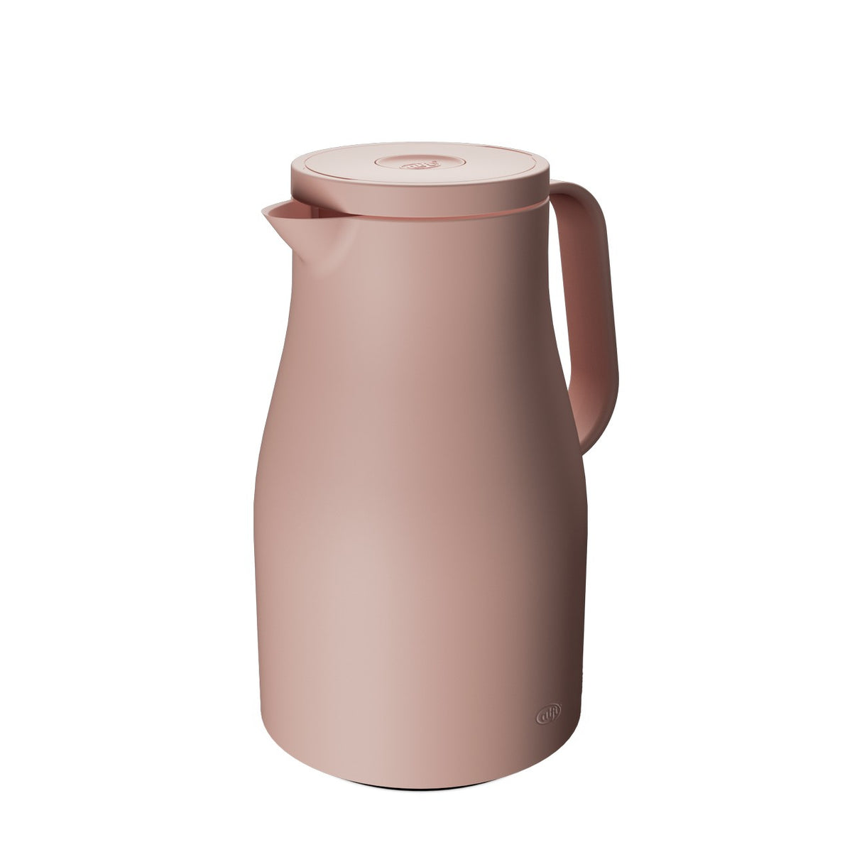 Das Bild zeigt eine minimalistische, rosafarbene Thermoskanne mit einem einfachen Griff und einem kleinen, spitzen Ausguss. Der Deckel passt bündig auf die Kanne, die eine matte Oberfläche hat.