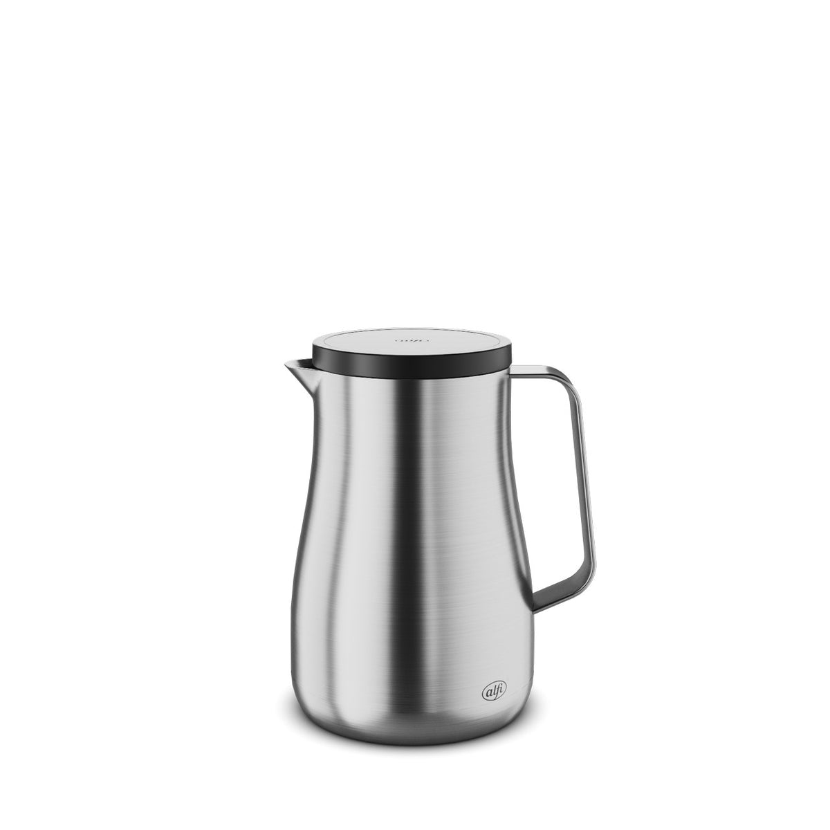 Auf dem Bild ist eine silberne Thermoskanne aus Edelstahl zu sehen, die eine glatte und glänzende Oberfläche hat. Die Kanne hat einen schwarzen, flachen Deckel und einen ergonomischen Griff. Sie wirkt modern und minimalistisch gestaltet.
