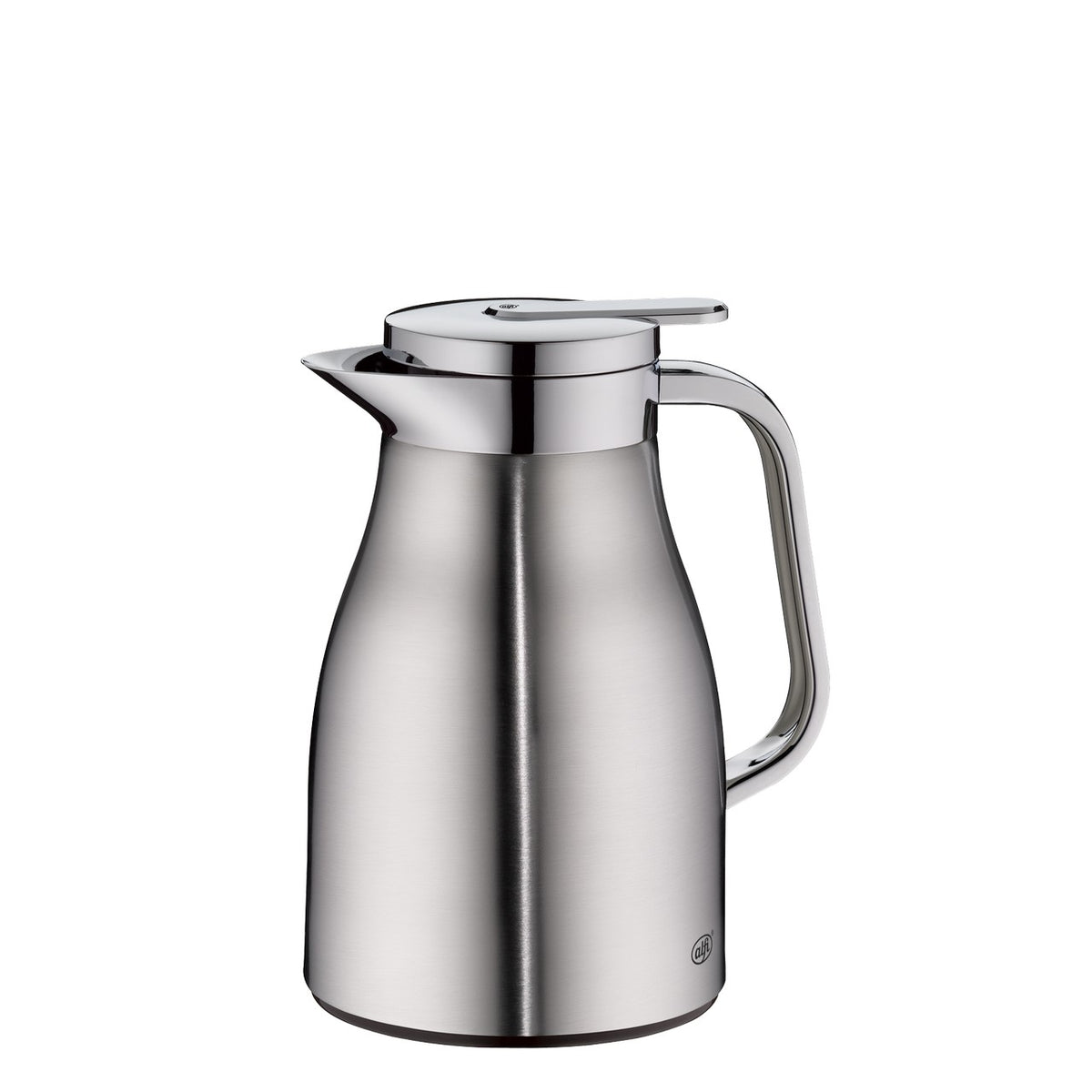 Das Bild zeigt eine elegante Thermoskanne aus Edelstahl mit einem schlanken, modernen Design. Die Kanne hat einen bequemen Griff und einen geschwungenen Ausguss, der in den Deckel integriert ist.