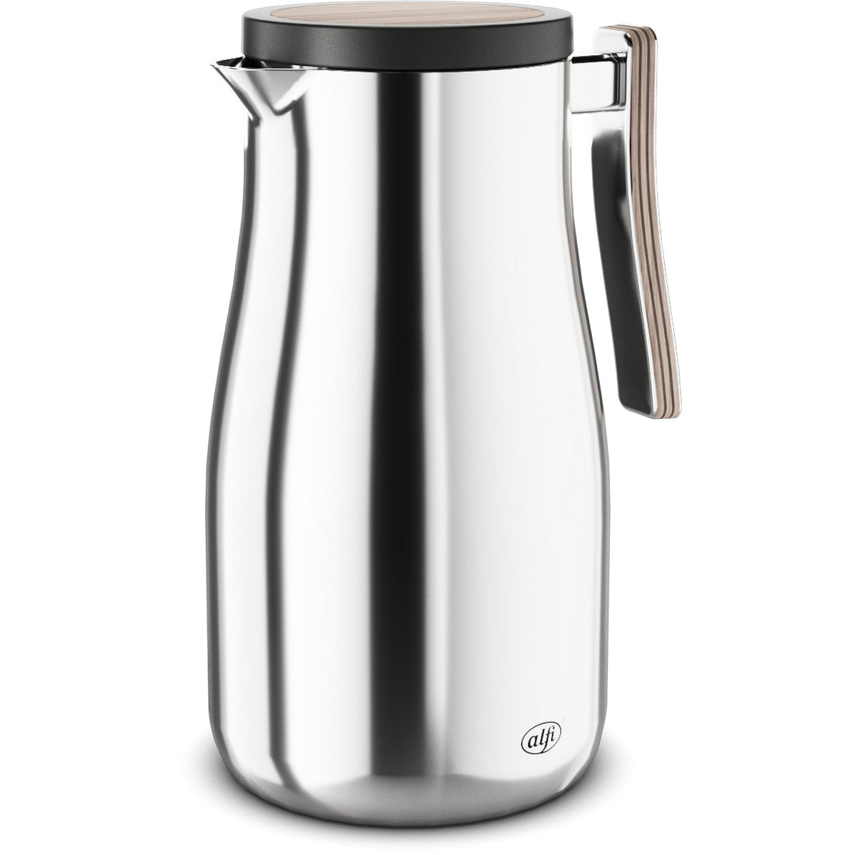 Das Bild zeigt eine glänzende, metallische Thermoskanne mit einem schlanken, bauchigen Design. Sie hat einen schwarzen Griff an der Seite und einen Deckel oben. Die Oberfläche spiegelt leicht das Licht wider.