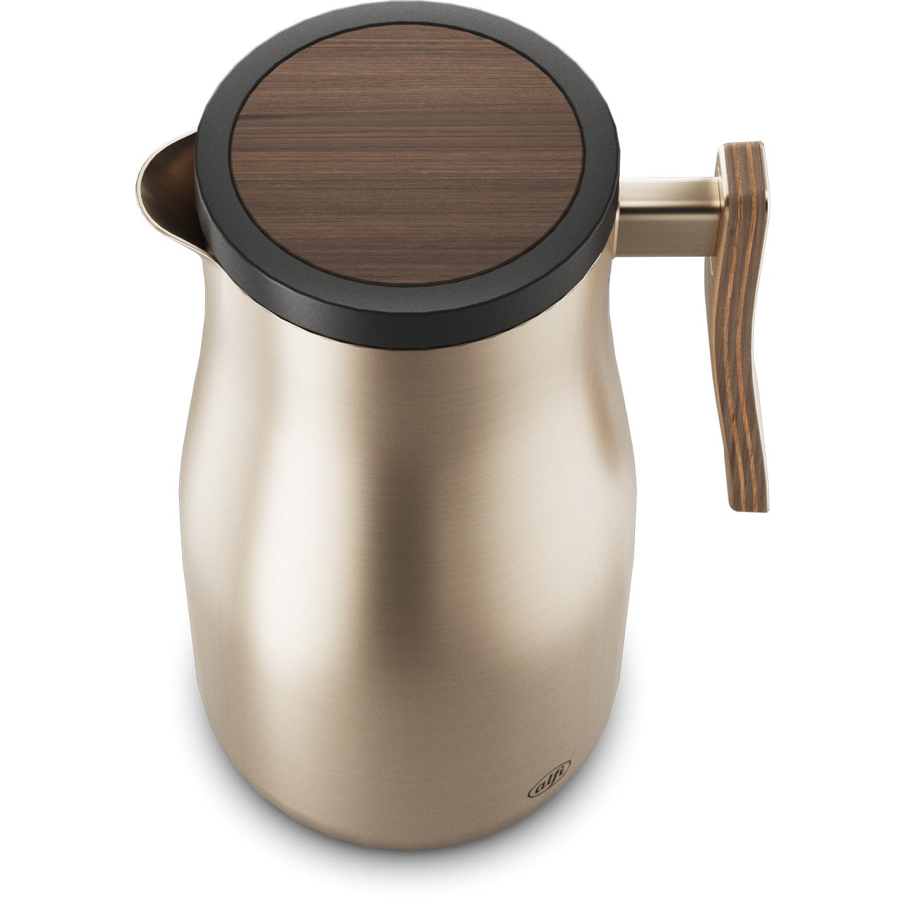 Das Bild zeigt eine elegante Kaffeekanne in Metallic-Optik mit einem Holzgriff an der Seite. Der Deckel der Kanne ist ebenfalls aus Holz.