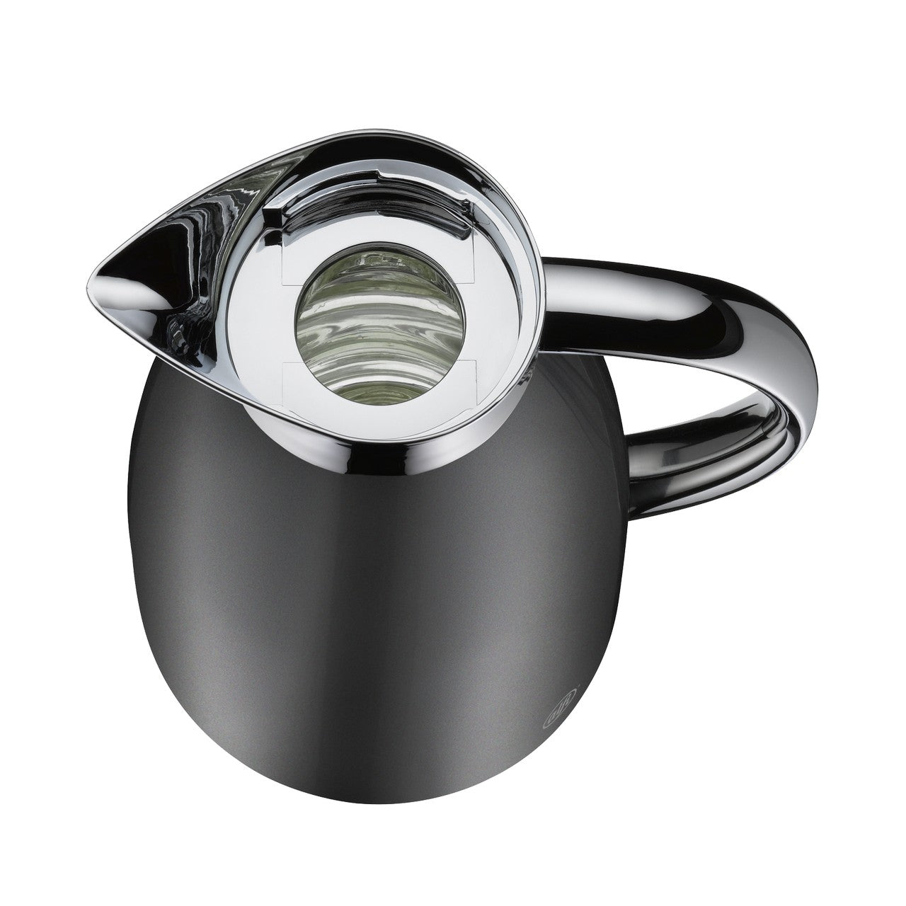 Das Bild zeigt eine stilvolle Thermoskanne von oben, mit einem eleganten, verchromten Ausgießer und Griff. Ihr Körper ist matt dunkelgrau.