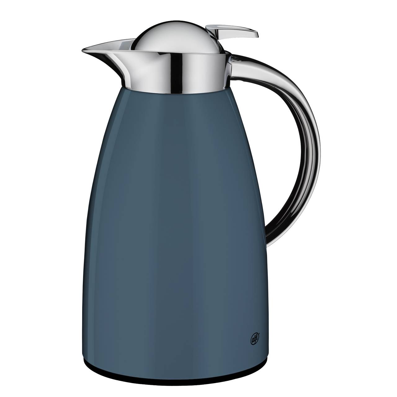 Das Bild zeigt eine stilvolle Thermoskanne in einem dunklen Blauton mit einem glänzenden Metallgriff und -ausguss. Der Deckel der Kanne hat einen silbernen Verschluss, der gut zu dem Design passt.