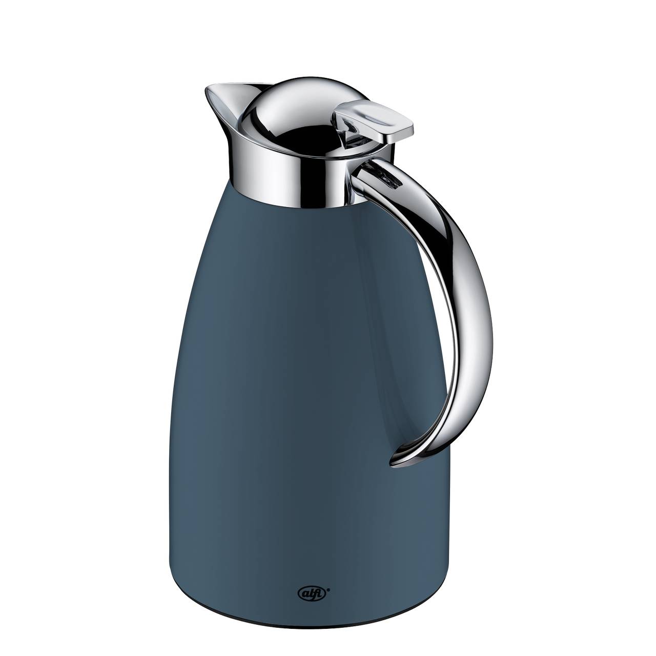 Auf dem Bild ist eine elegante Thermoskanne zu sehen, die eine matte, blaue Oberfläche hat. Sie hat einen glänzenden silbernen Griff und Deckel.