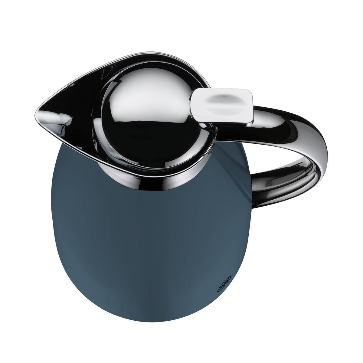 Das Bild zeigt eine moderne, bläulich-graue Thermoskanne mit einem glänzenden, chromfarbenen Griff und Deckel. Die Kanne hat eine elegante, runde Form mit einem tropfenförmigen Deckel und Ausguss.
