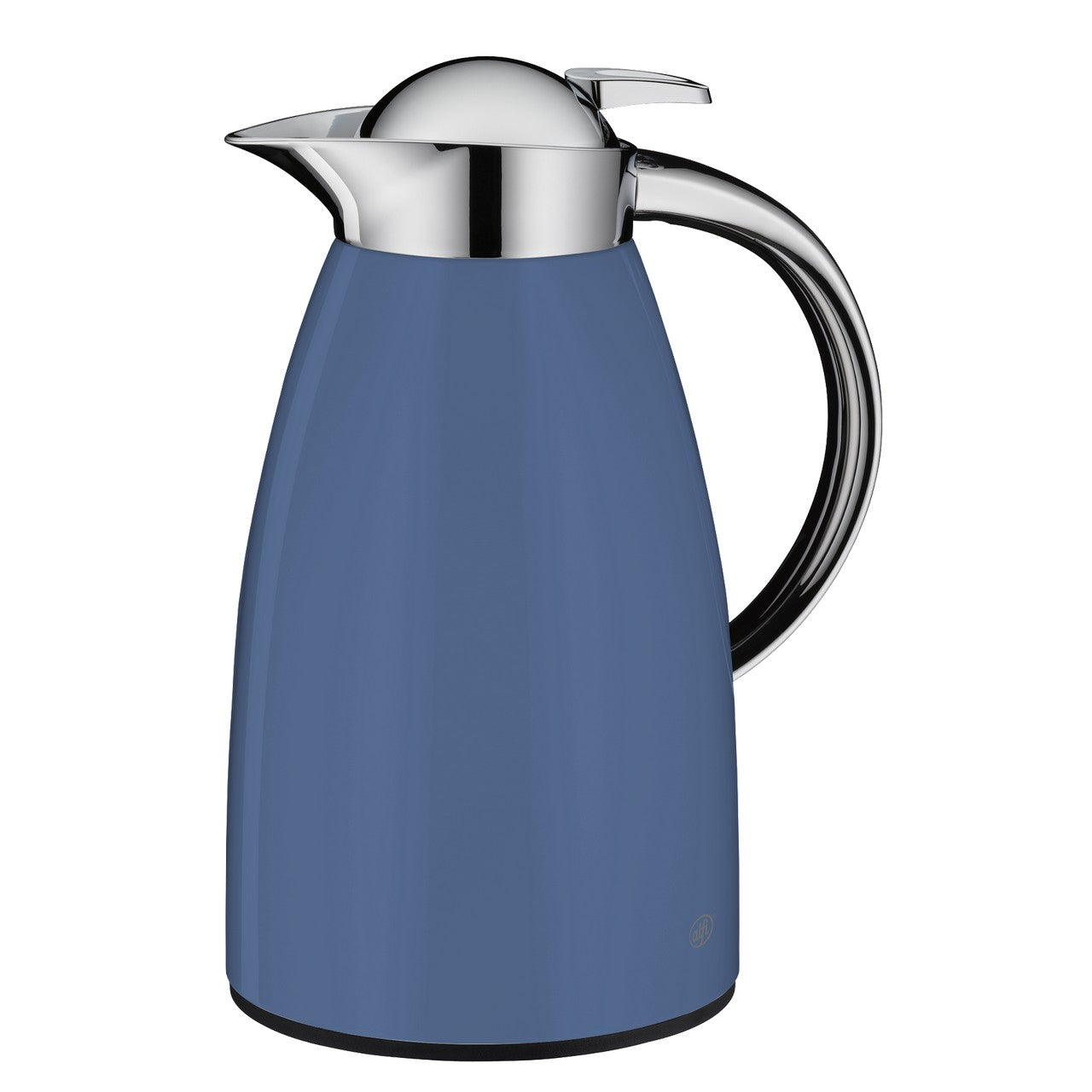 Das Bild zeigt eine blaue Thermoskanne mit einem glänzenden, silbernen Deckel und Griff. Der Körper der Kanne ist schlank und glatt, während der Deckel einen kleinen Hebel zum Öffnen hat.
