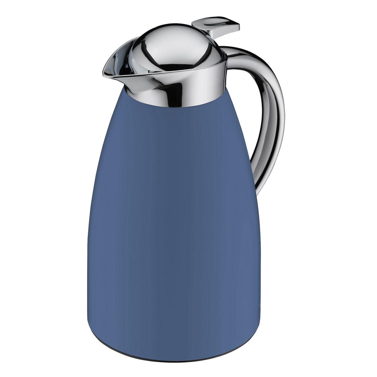 Das Bild zeigt eine blaue Thermoskanne mit einem glänzenden, silbernen Deckel und Henkel. Sie hat eine bauchige Form und wirkt elegant und modern.