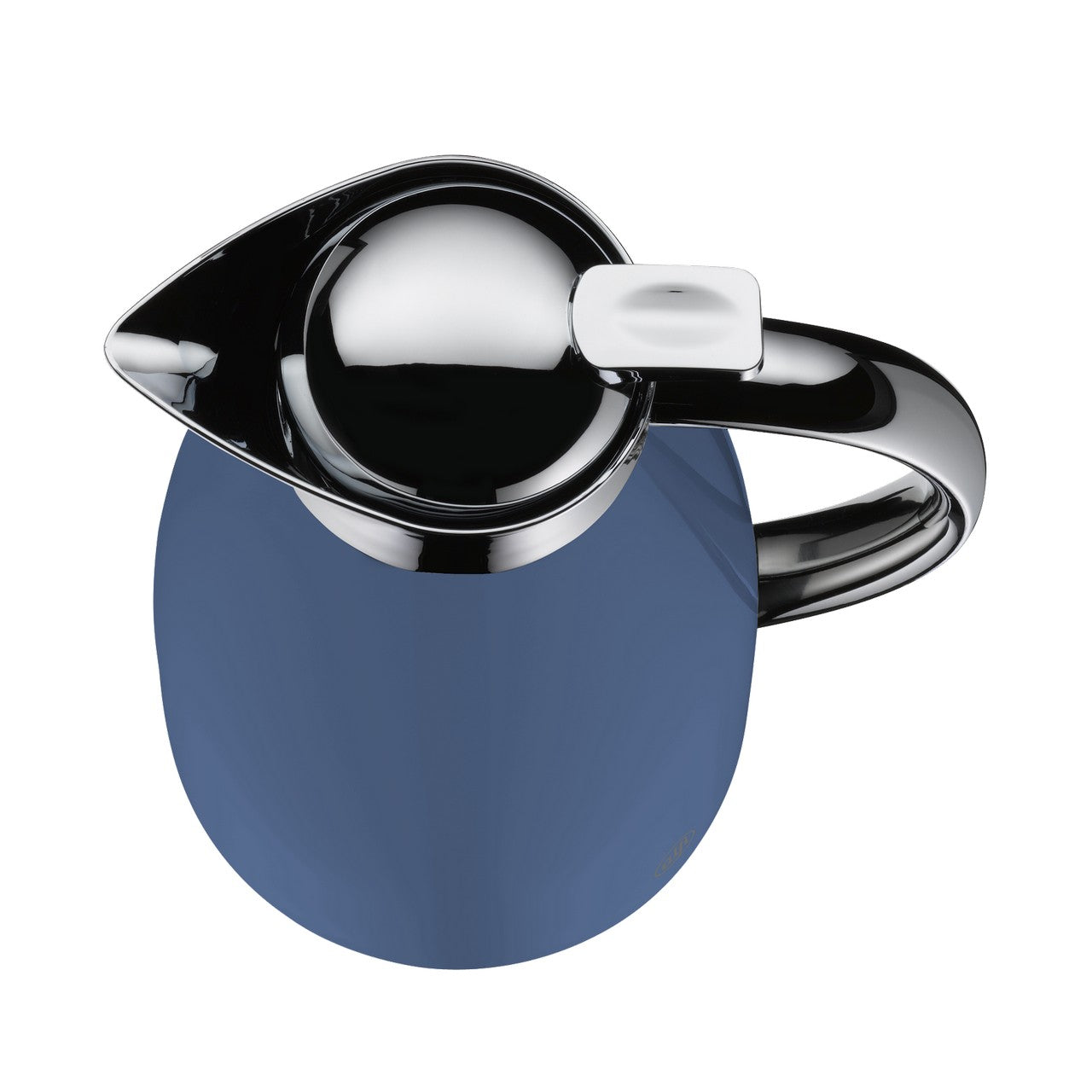 Das Bild zeigt eine elegante, moderne Kaffeekanne von oben. Die Kanne hat eine glatte, blaue Oberfläche und glänzende, verchromte Elemente am Deckel und Henkel.