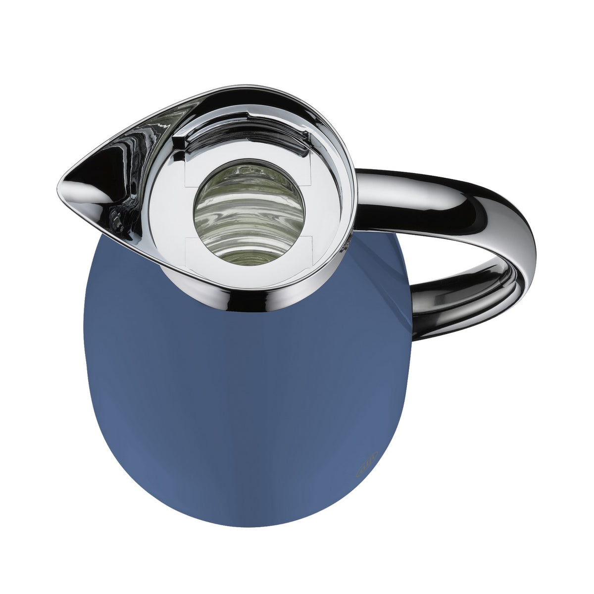 Das Bild zeigt eine blau-silberne Thermoskanne aus der Vogelperspektive. Der Deckel hat ein kreisförmiges, klares Element in der Mitte, und der Griff ist glänzend silbern.