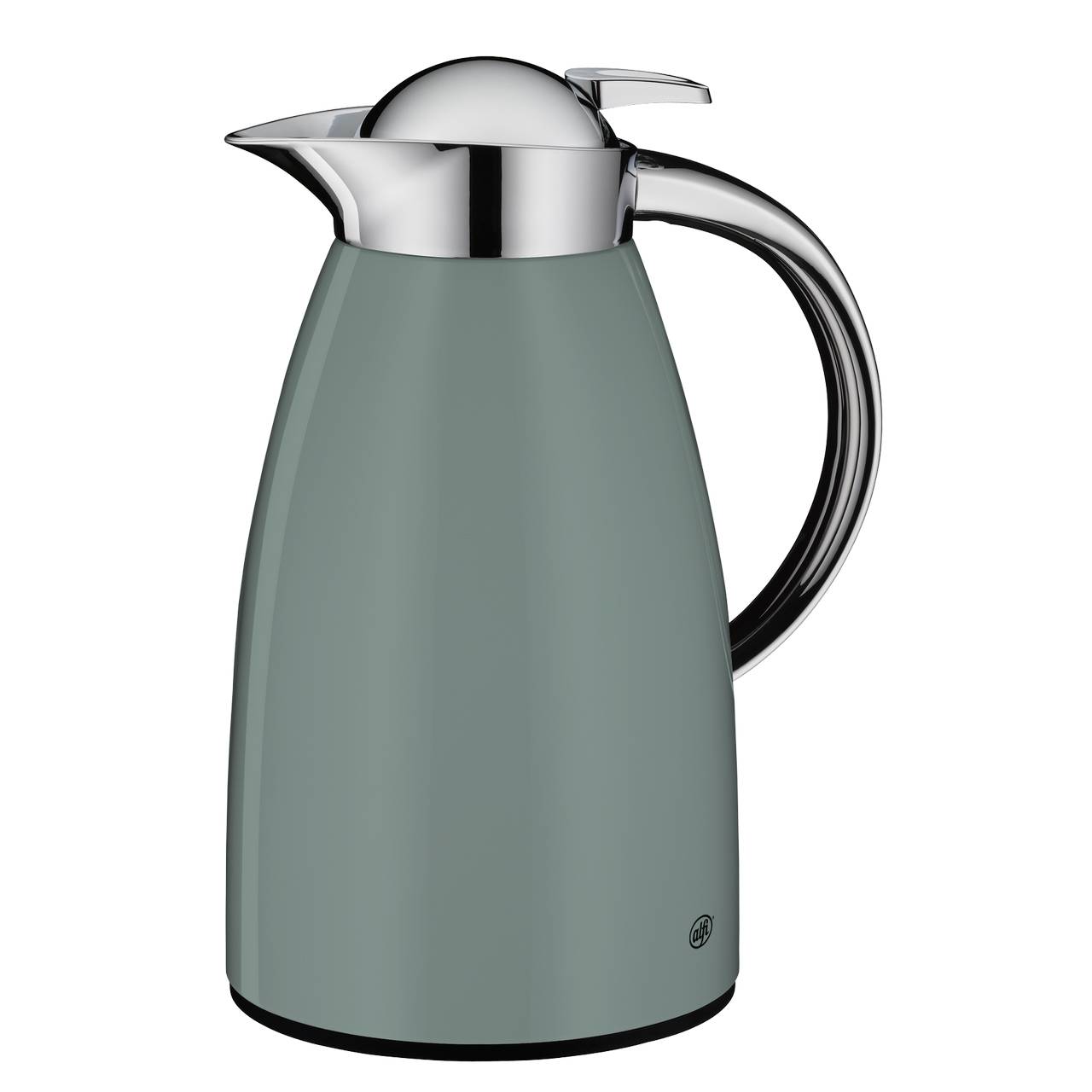 Das Bild zeigt eine elegante Thermoskanne mit einem glatten, mattgrauen Körper und einem glänzenden, silbernen Deckel. Der ergonomisch geformte Griff ist ebenfalls in Silber gehalten. Die Kanne hat eine moderne und schlichte Form.