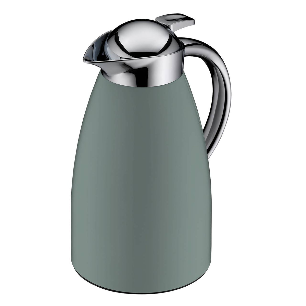 Das Bild zeigt eine isolierte Thermoskanne mit einem grauen Körper und einem glänzend silbernen Deckel und Griff. Die Kanne hat eine bauchige Form und sieht modern und elegant aus.