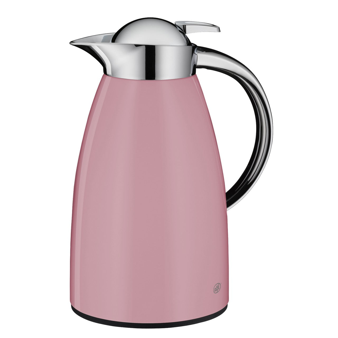 Das Bild zeigt eine rosa Thermoskanne mit einem glänzenden, silbernen Deckel und Griff. Die Kanne hat eine schlanke, konische Form.